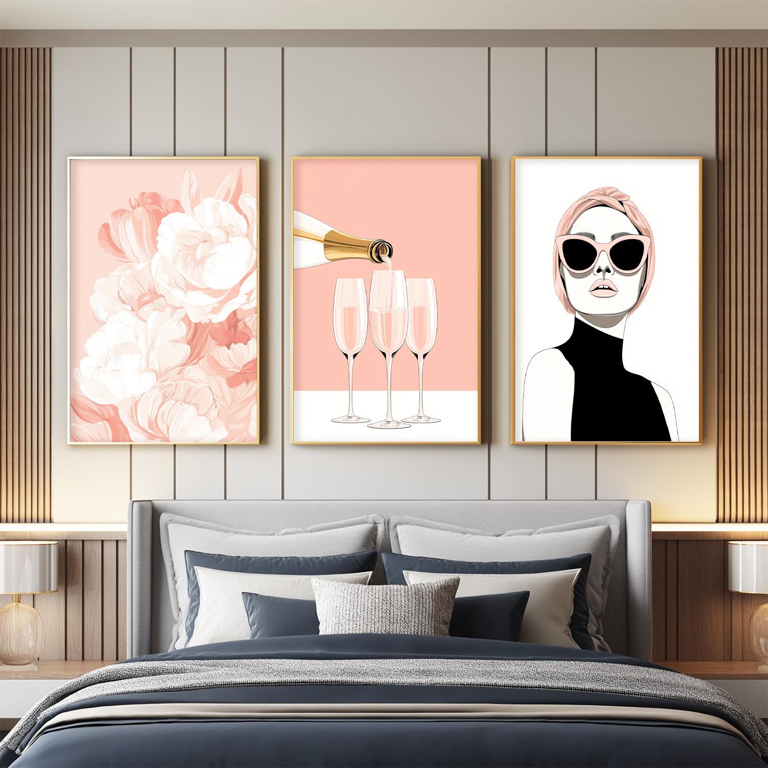 Juego de 3 decoraciones de pared modernas, impresión HD para sala de estar, dormitorio, pósters niña retrato floral rosa elegante sin marco, 40 x 60 cm
