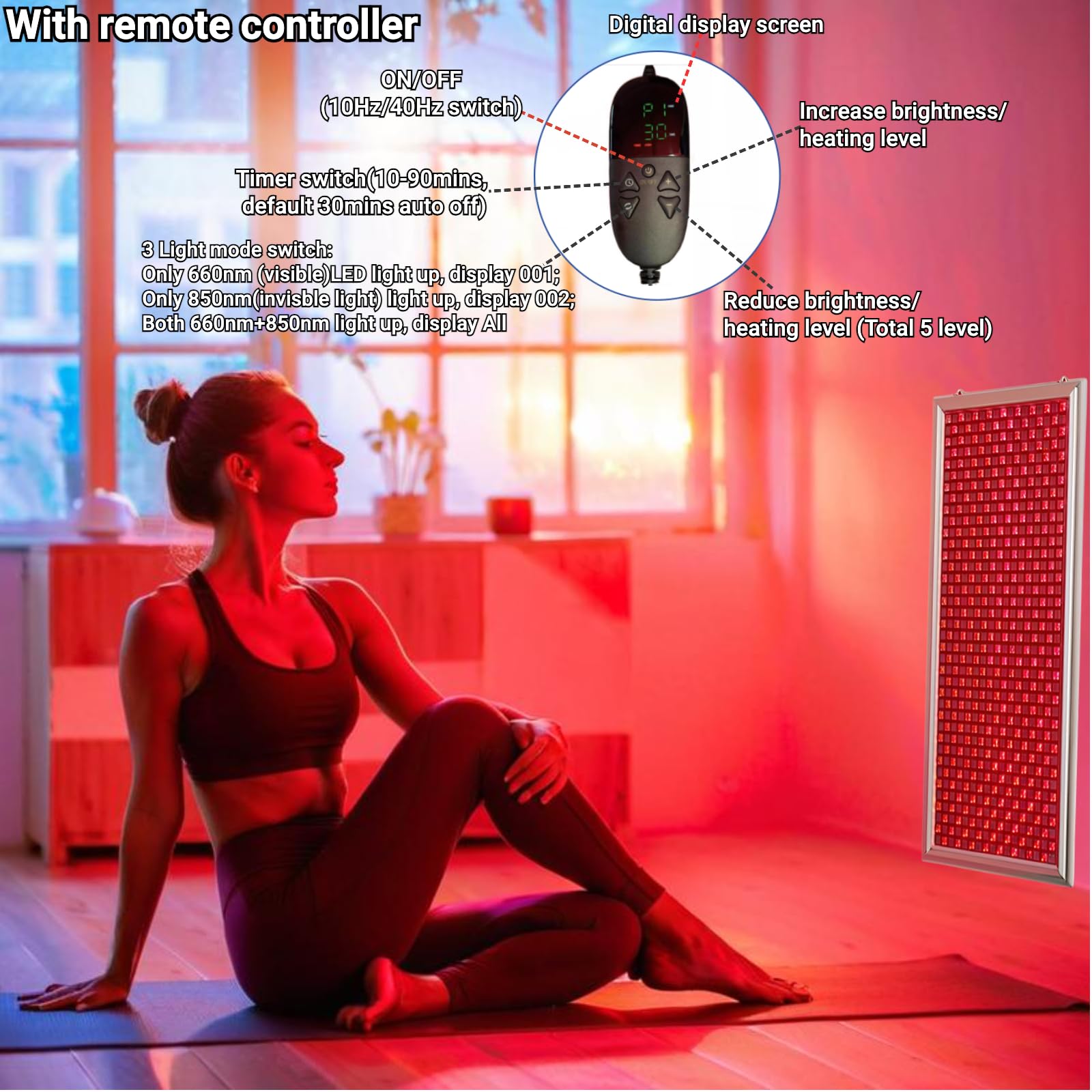 Lampa do terapii światłem czerwonym 660nm/ 850nm Panel światła podczerwonego na całe ciało timerem,5 poziomami jasności i inteligentnym kontrolerem do łagodzenia bólu mięśni ciała,przeciwstarzeniowego