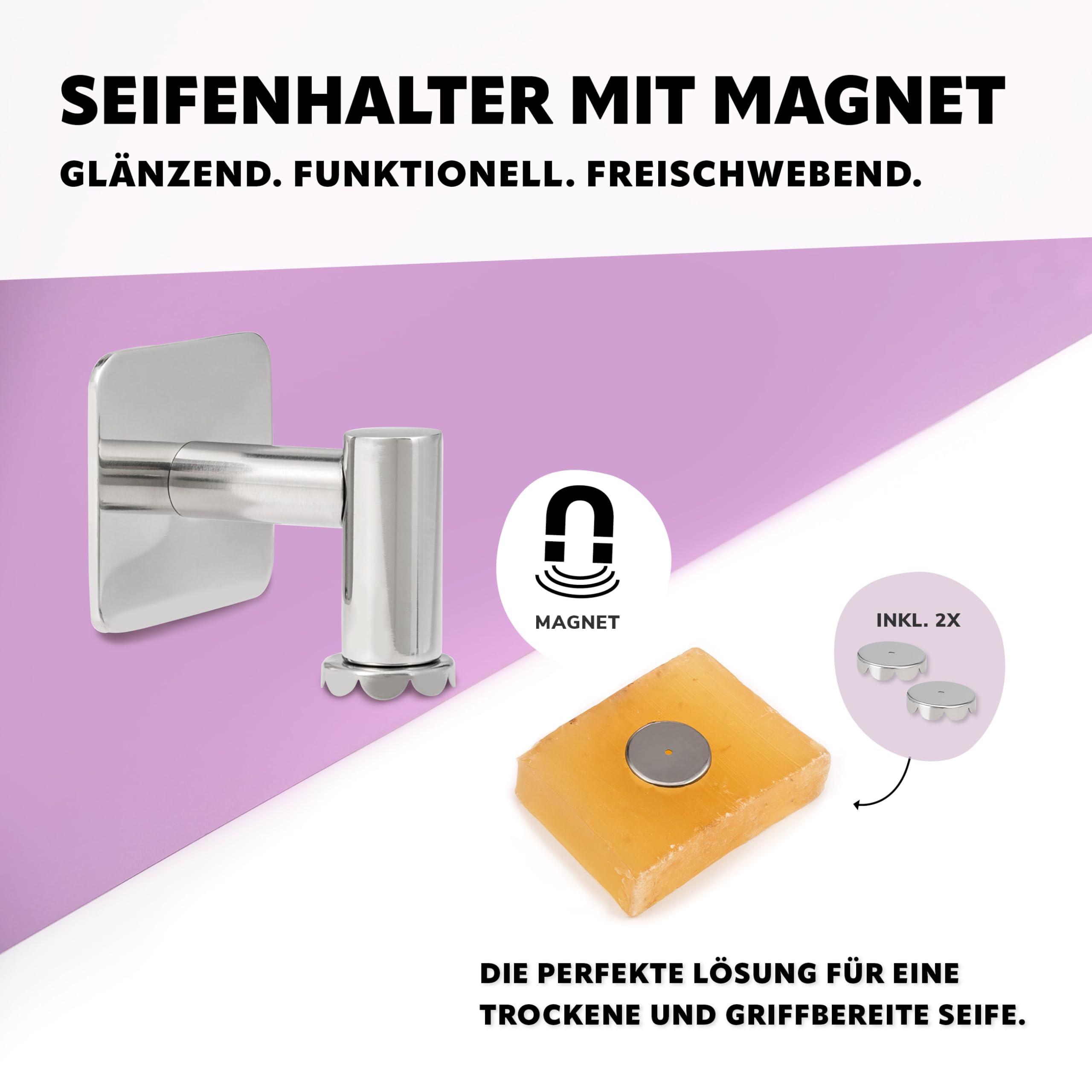bremermann Magnet-Seifenhalter 2er Set, ideal geeignet für Feste Seifen und Shampoos - frei hängend durch Magnet - Montage durch Ankleben, aus hochglänzendem Edelstahl