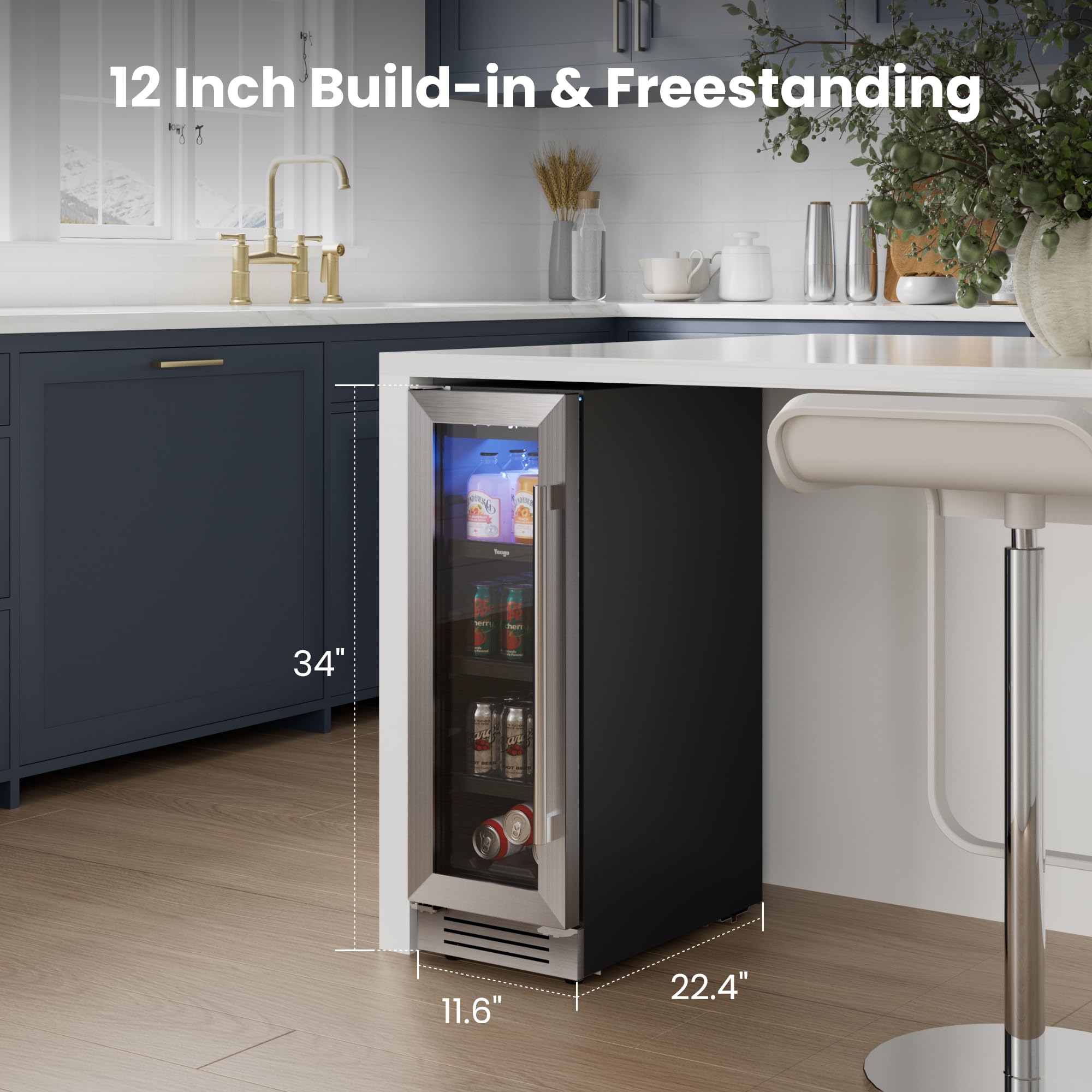 YEEGO 12-Inch Beverage Refrigerator – 60 Can Mini Drink Fridge With Left-Hinged Glass Door, Built-In Or Freestanding Beverage Cooler For Beer, Soda & Wine, Home Bar, Office, Bedroom on Fridge.com - View 6