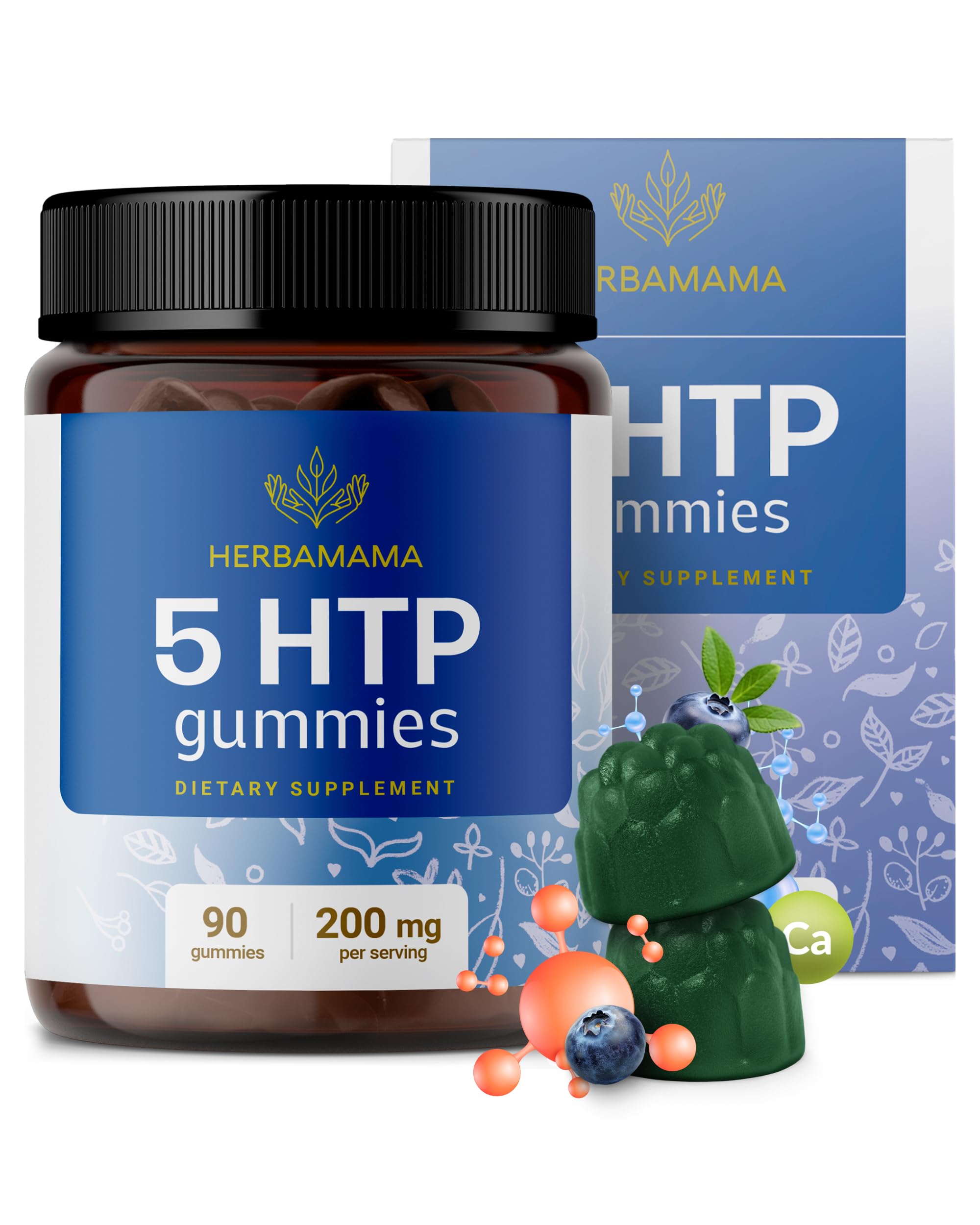 HERBAMAMA 5-HTP Gummies - 200mg 5-Hydroxytryptophan Relaxation & Calm Gummies for Adults - Vegan, Non-GMO Brain Support Supplement - 90 Pectin-Based Blueberry-Flavored Chews