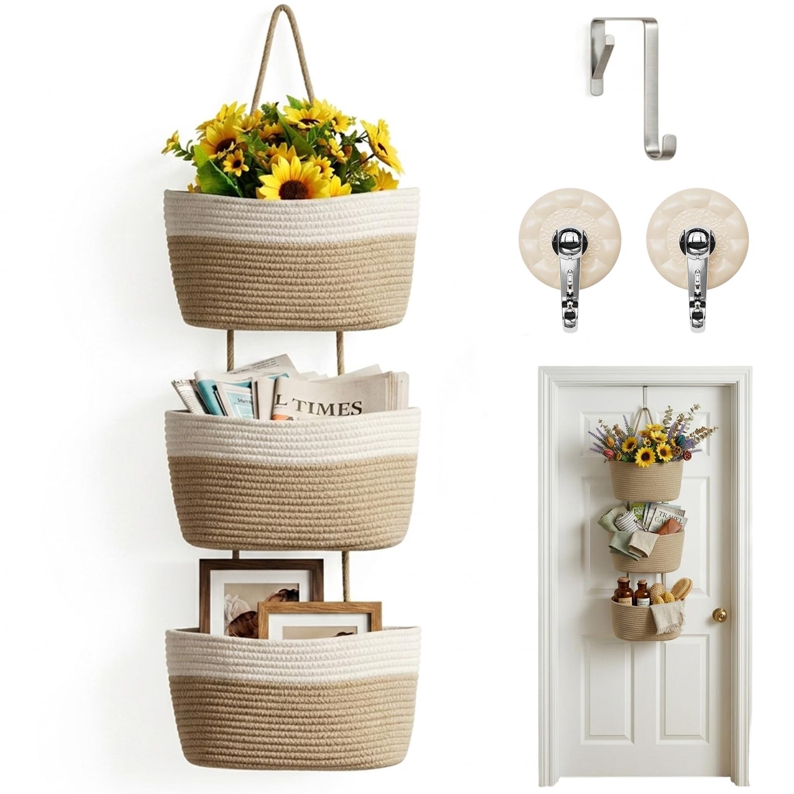3-Tier Woven Hanging Storage Baskets, Cotton Rope Woven Storage Basket with Hooks, Wall Mount Storage Organiser Bag for Livingroom Kitchen Bedroom Decorative (White and brown)