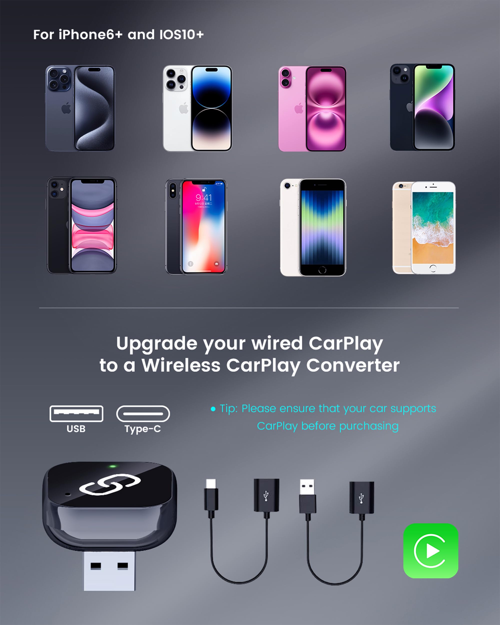 SrixTek Wireless CarPlay Adapter for Cars with Built-in Wired Apple CarPlay Easily Converts Wired CarPlay to Wireless Plug and Play Upgraded Mini USB CarPlay Adapter for iPhone iOS 10 and Above