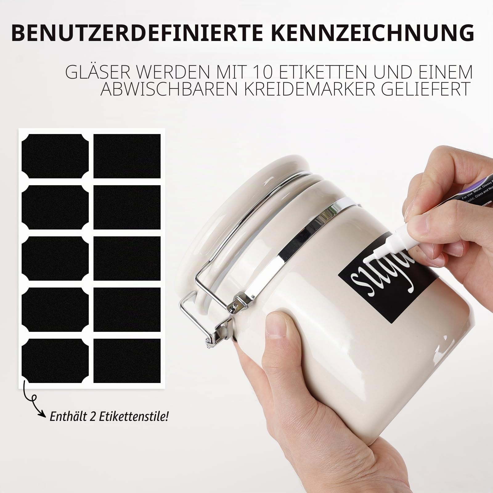 ZEEBERBO 4 Stück Keramik Vorratsdosen Set, Luftdichte Küchen Kanister mit Metallverschluss, Holzlöffel, Kreideetiketten & Marker Für Zucker Kaffee Mehl Tee Vorratsaufbewahrung (Beige)
