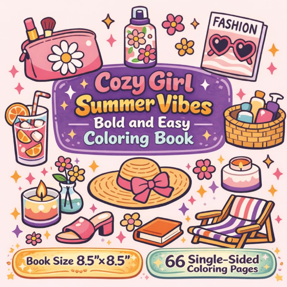 Cozy Girl - Summer Vibes Coloring Book For All Ages: Bold and Easy Relaxing Summer Scenes Featuring Cute Cozy Moments, Beach Days, Sunshine Fun, and ... x 8.5" with 66 Single-Sided Coloring Pages...