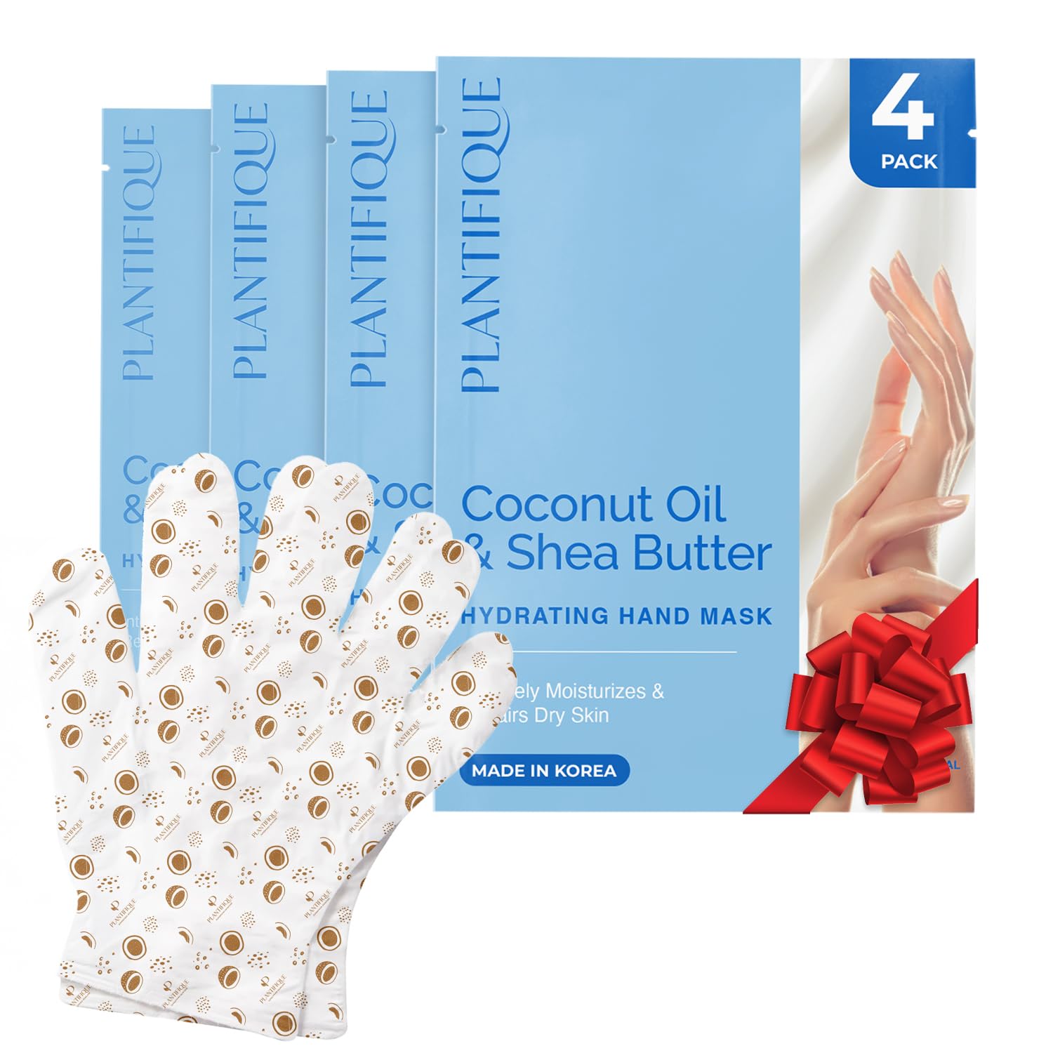 PLANTIFIQUE Korean Hydrating Hand Mask for Extra Dry Skin - 4 Pairs with Hyaluronic Acid Shea Butter & Aloe Vera - Moisturizing Gloves - Masque pour les Mains