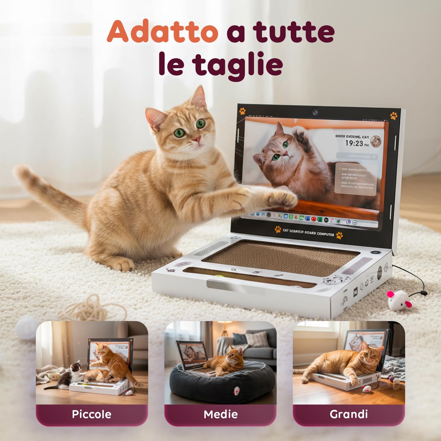 AVILIA - Tiragraffi per Gatti a Forma di Laptop - Gioco Interattivo 3 in 1 con Mouse e Tastiera in Cartone - Graffiatoio Anti-Stress per Unghie Sane - Idea Regalo Gatto