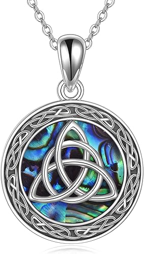 YFN Collar con nudo de trinidad celta, plata de ley, concha de abulón, triquetra, triquetra, collar con colgante de buena suerte, joyería irlandesa
