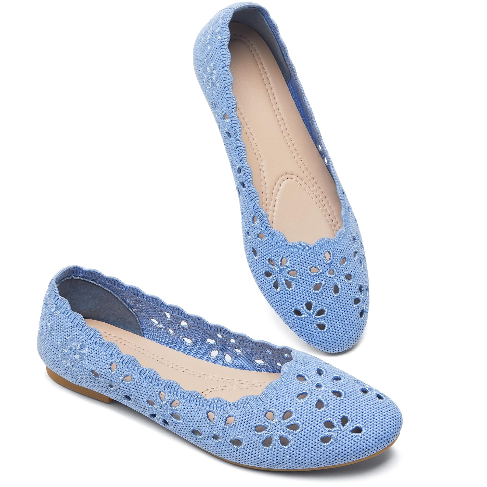 BABUDOG Mesh Ballet Flats Shoes for Women,Womens Flats Dressy Comfortable,Women's Dress Shoes with Flower Eyelets,Slip on Casual Walking Flats