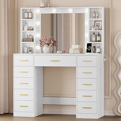 Makeup Vanity with Drawers, 43" White Vanity Desk with Mirror and Lights, 11 Drawers & 4 Shelves, Power Outlet & Adjustable LED Lights, Dressing Table for Women & Girls Bedroom