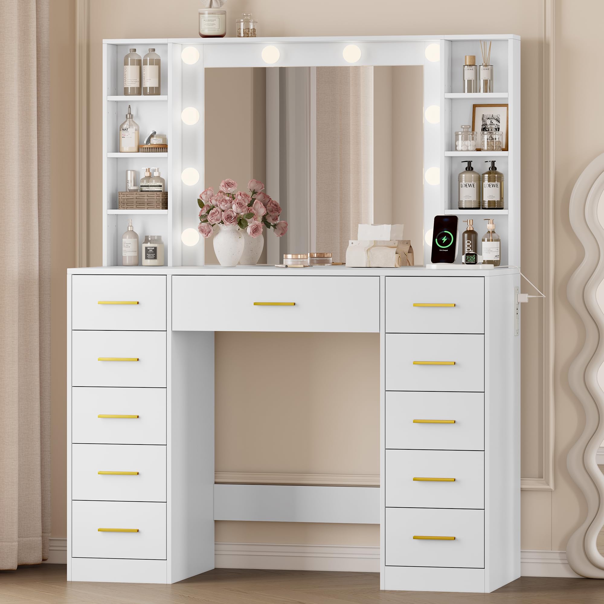 Wodeer Makeup Vanity with Drawers, 43" White Vanity Desk with Mirror and Lights, 11 Drawers &amp; 4 Shelves, Power Outlet &amp; Adjustable LED Lights, Dressing Table for Women &amp; Girls Bedroom