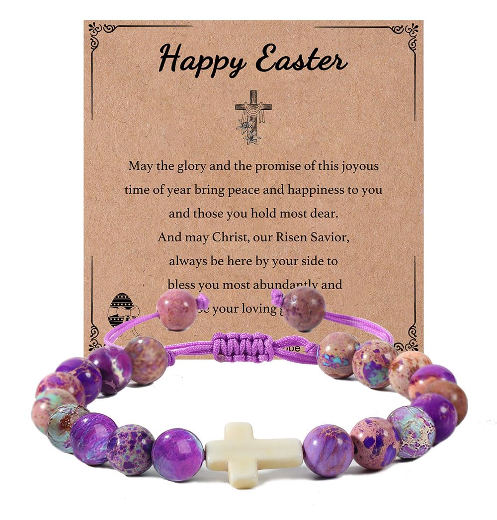 enasal Easter Basket Stuffers for Teens Girls, Nature Stone Easter Gifts Cross Bracelet, Christian Gifts Inspirational Jewelry