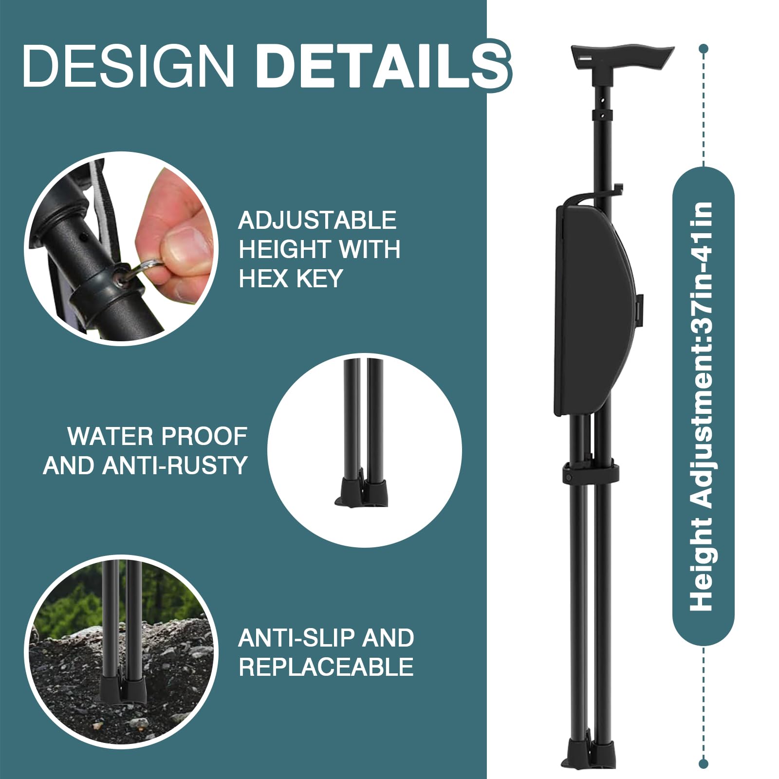 Bastón con asiento, 95-104 cm, plegable, bastón portátil, plegable, con bolsa de transporte, capacidad de carga de hasta 250 kg, bastón con asiento, bastón de senderismo plegable con asiento para