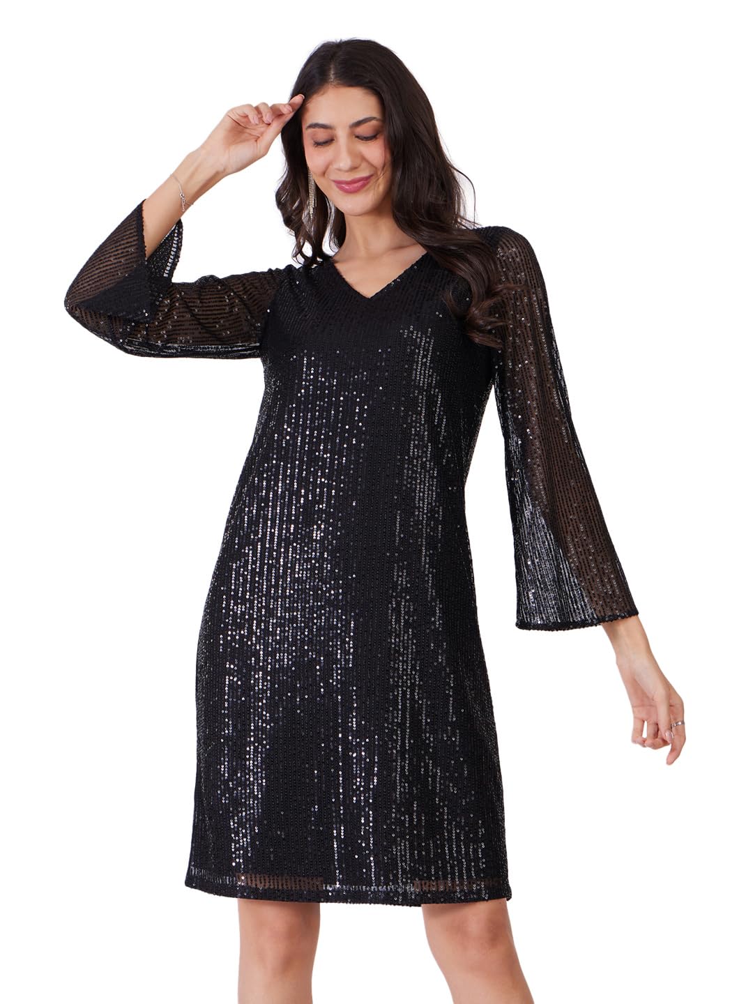 Women Party Dress | Loose Fit V-Neck Bell Sleeve Shift Style | Sequined Net Fabric with Lining for Evening & Special Occasions-image-37