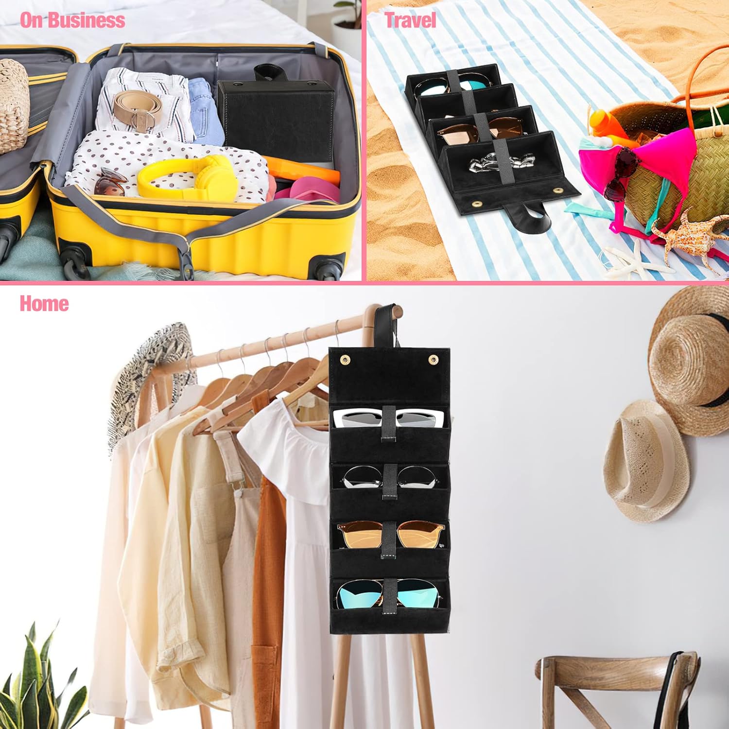 MoKo Sunglasses Organizer with 4 Slots, Foldable Travel Glasses Storage Case Holder Hanging Eyewear Display Stand Box, Black : Clothing, Shoes & Jewelry