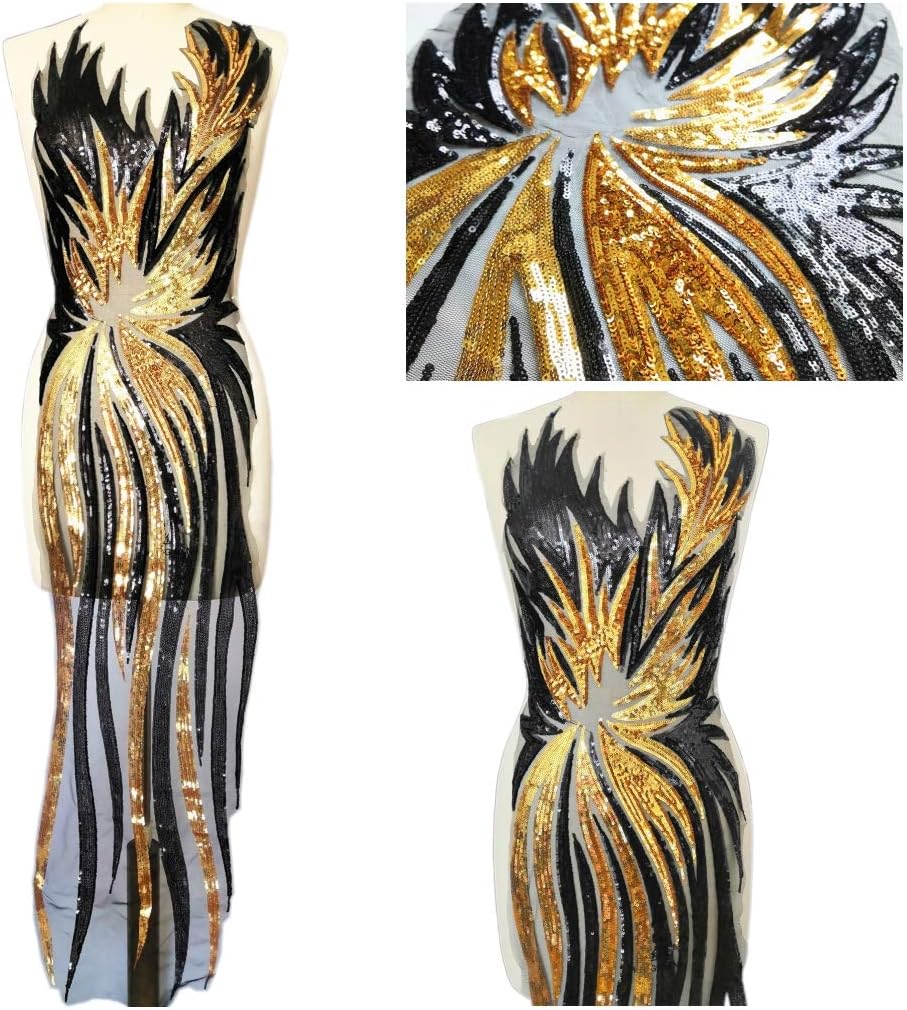 African Sequins Long Appliques Patches Embroidered Nigerian Lace Fabrics French Tulle for Women Evening Clothes Prom Dresses(Black and Gold, 1 Piece(30x130cm))