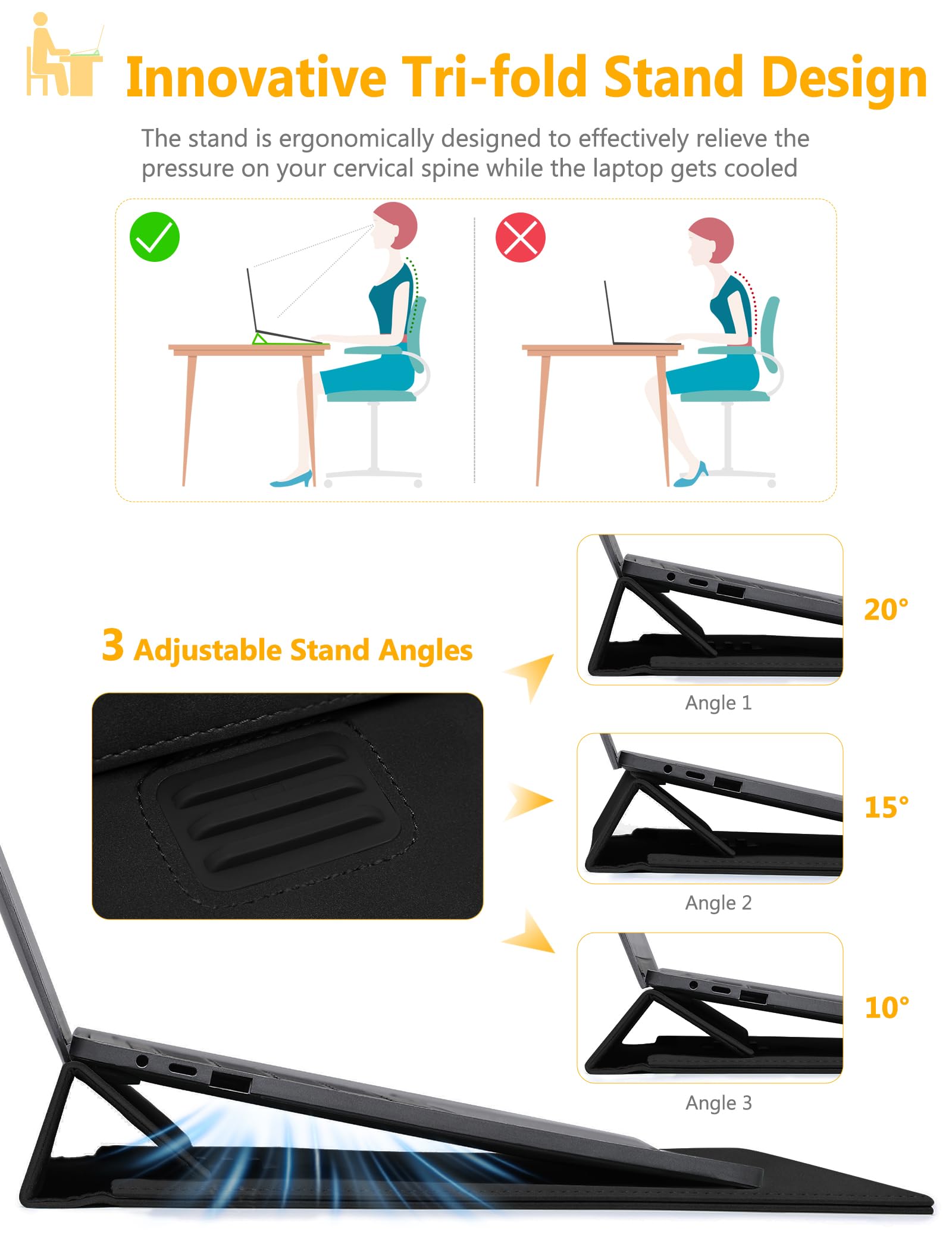 HYZUO 15-16 Pulgadas Funda Bolsa Portátil con Soporte Ajustable para MacBook Pro 16 M5/M4/M3/M2/M1 A3428 A3429 2026-2019, XPS 15, MacBook Pro 15 2015-2012, HP Envy 15,6, Negro