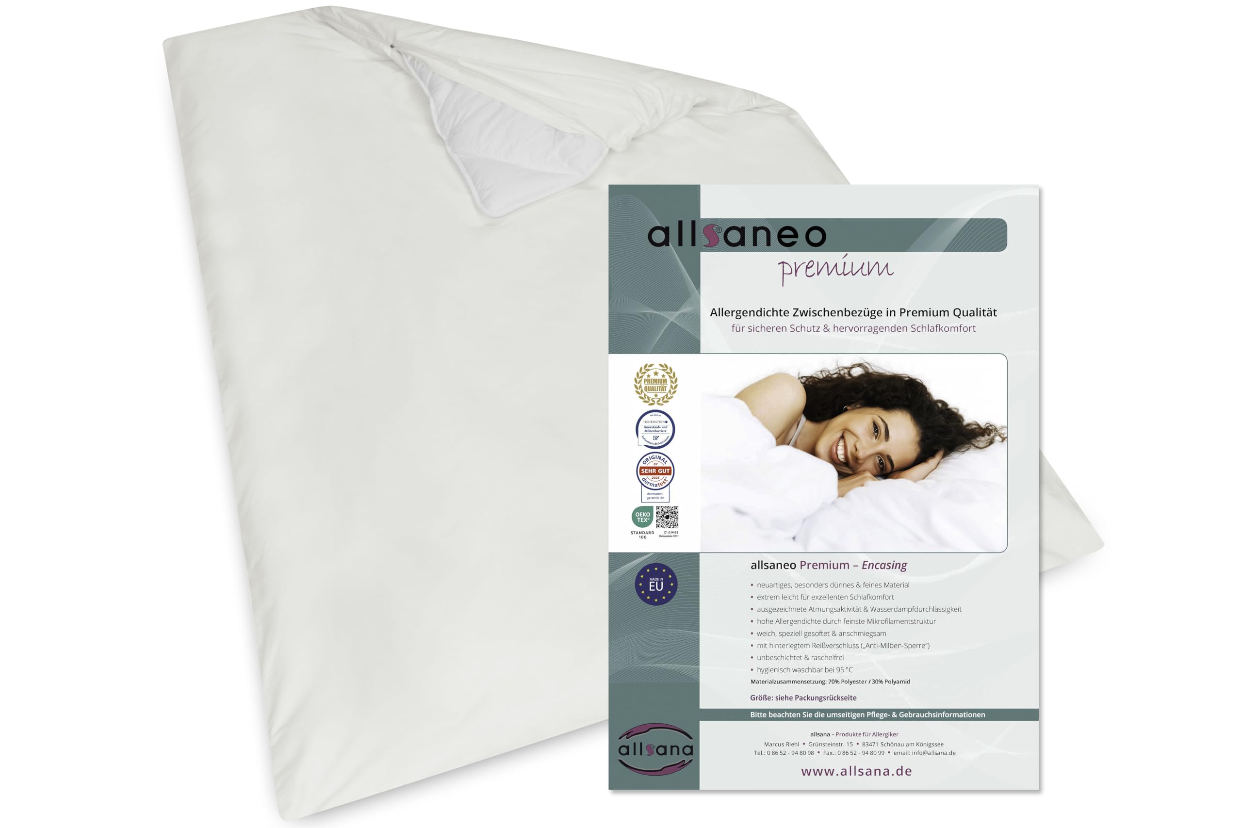 allsaneo Premium Allergiker Deckenbezug 155x220 cm | Allergie Bettwäsche extra weich und leicht | Anti Milben Encasing | Milbenschutz | allergendichter Zwischenbezug | Hohenstein Zertifiziert