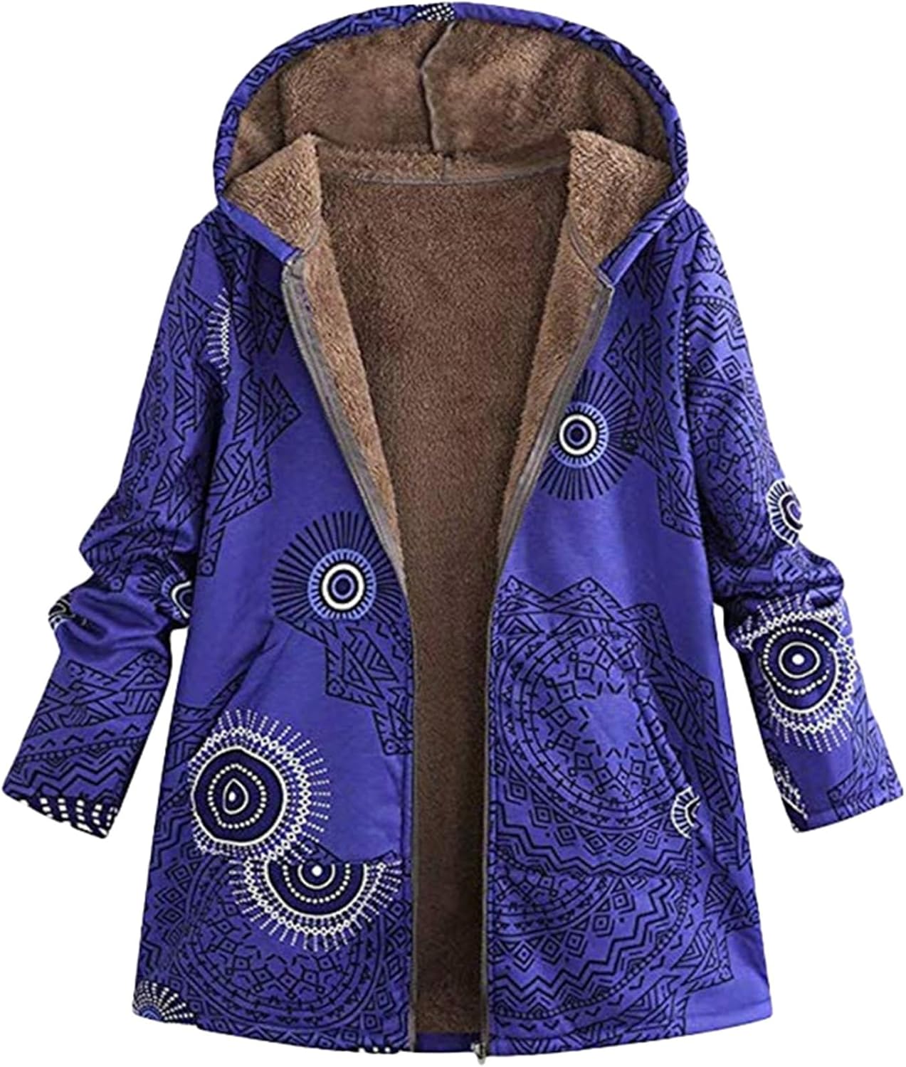 Manteau D'hiver Femme Grande Taille Veste Bohème à Manches Longues Sweat à Capuche Imprimé Mode Hoodie Thermique Polaire Automne Hiver Outcoat Vintage élégant Outwear Veste (Bleu Foncé1,S