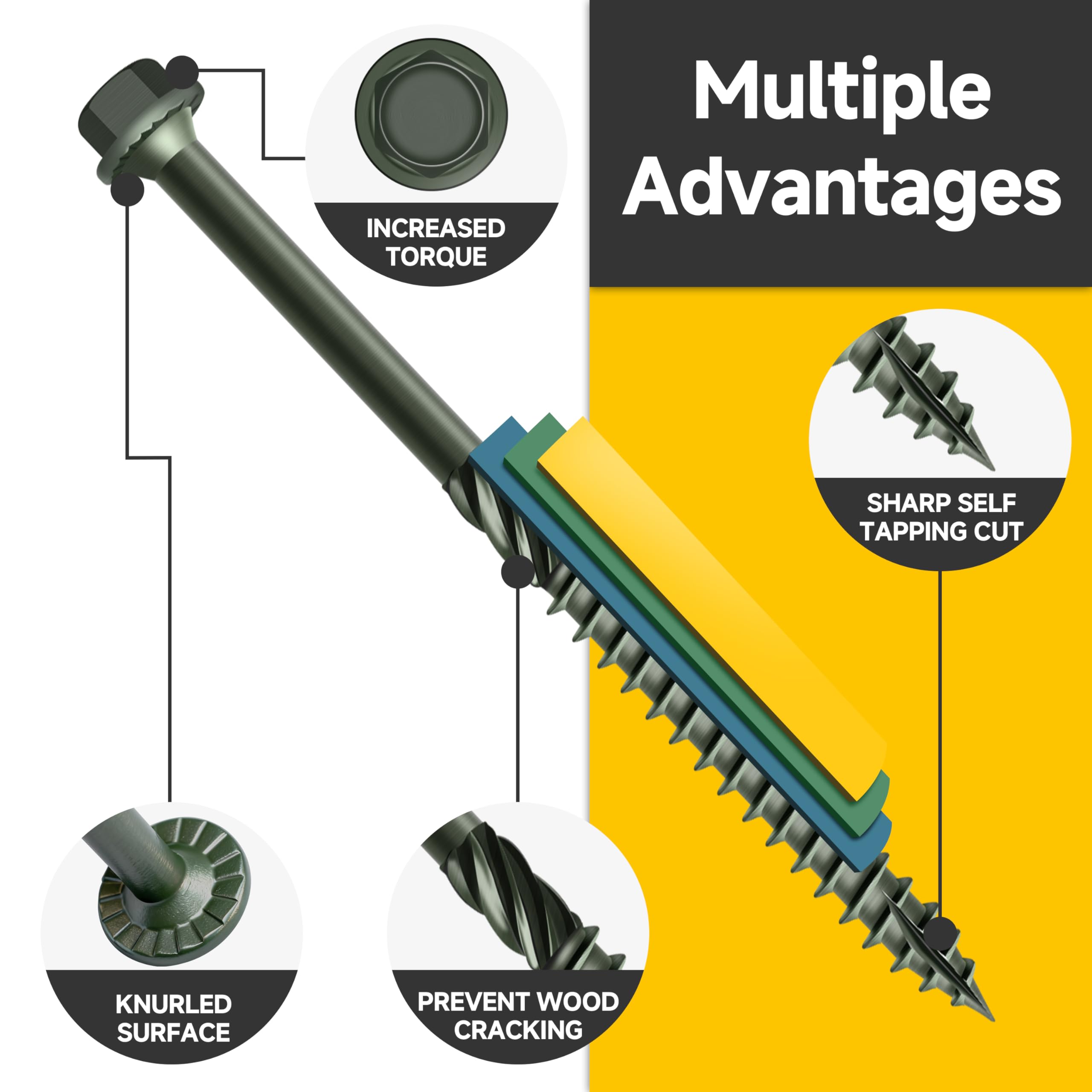 Mywish Paquete de 100 tornillos de retraso exteriores #14 x 8 pulgadas, arandela hexagonal dentada de 6.3 x 100 mm, tornillo de madera estructural, tornillo de construcción resistente, revestimiento
