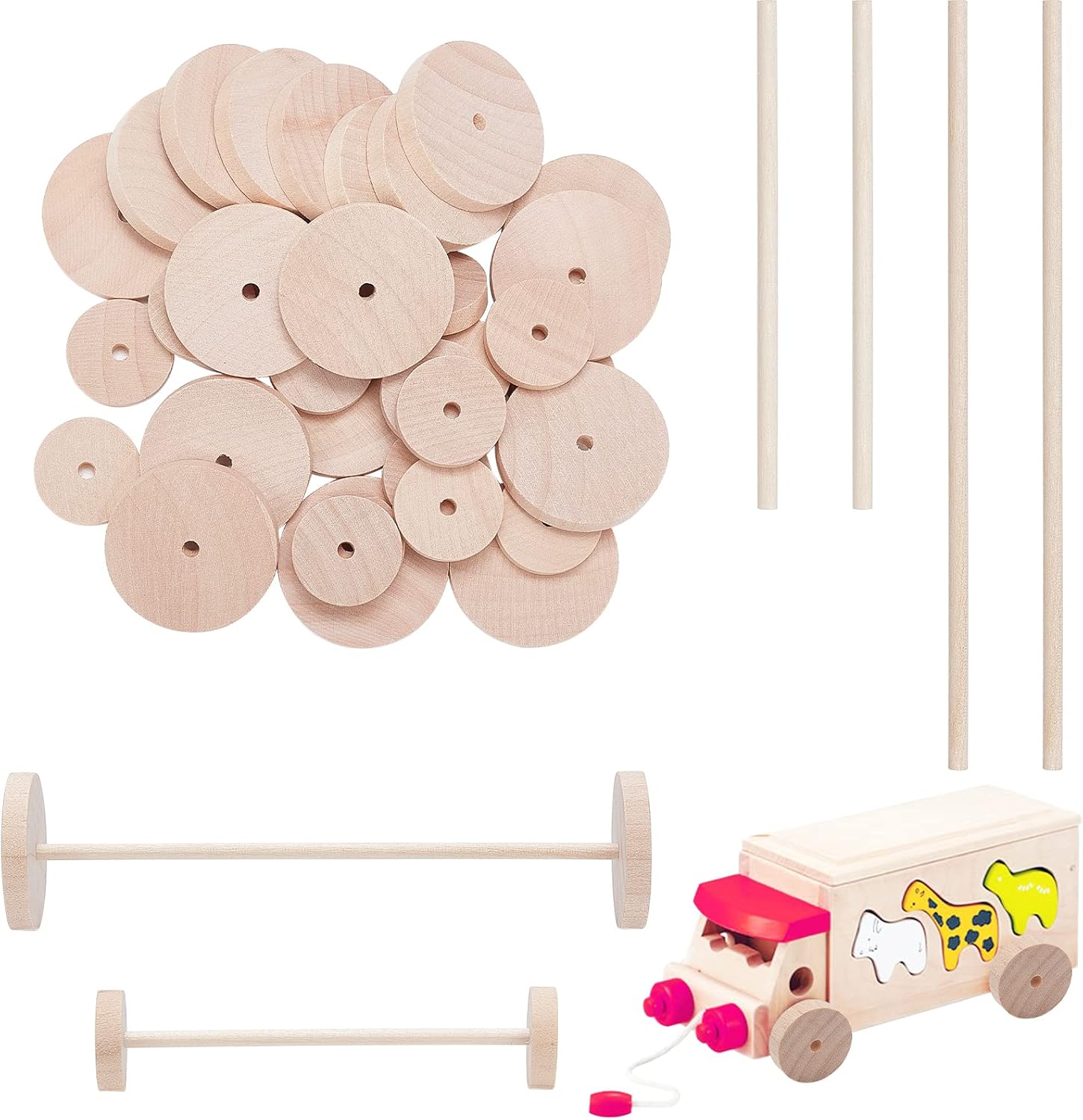 OLYCRAFT 72pcs Unfinshed Wood Wheels with 36pcs Wooden