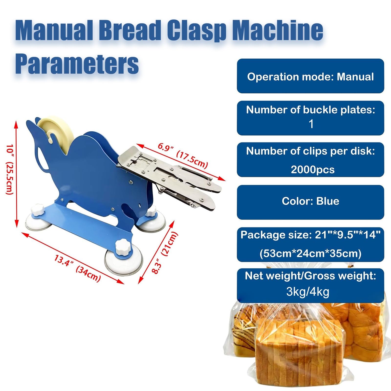 Sigillatrice manuale per sacchetti di pane, chiusura in plastica con 4 ventose e bloccaggio in acciaio inox, include 1 rotolo di chiusura in plastica per panetterie e supermercati