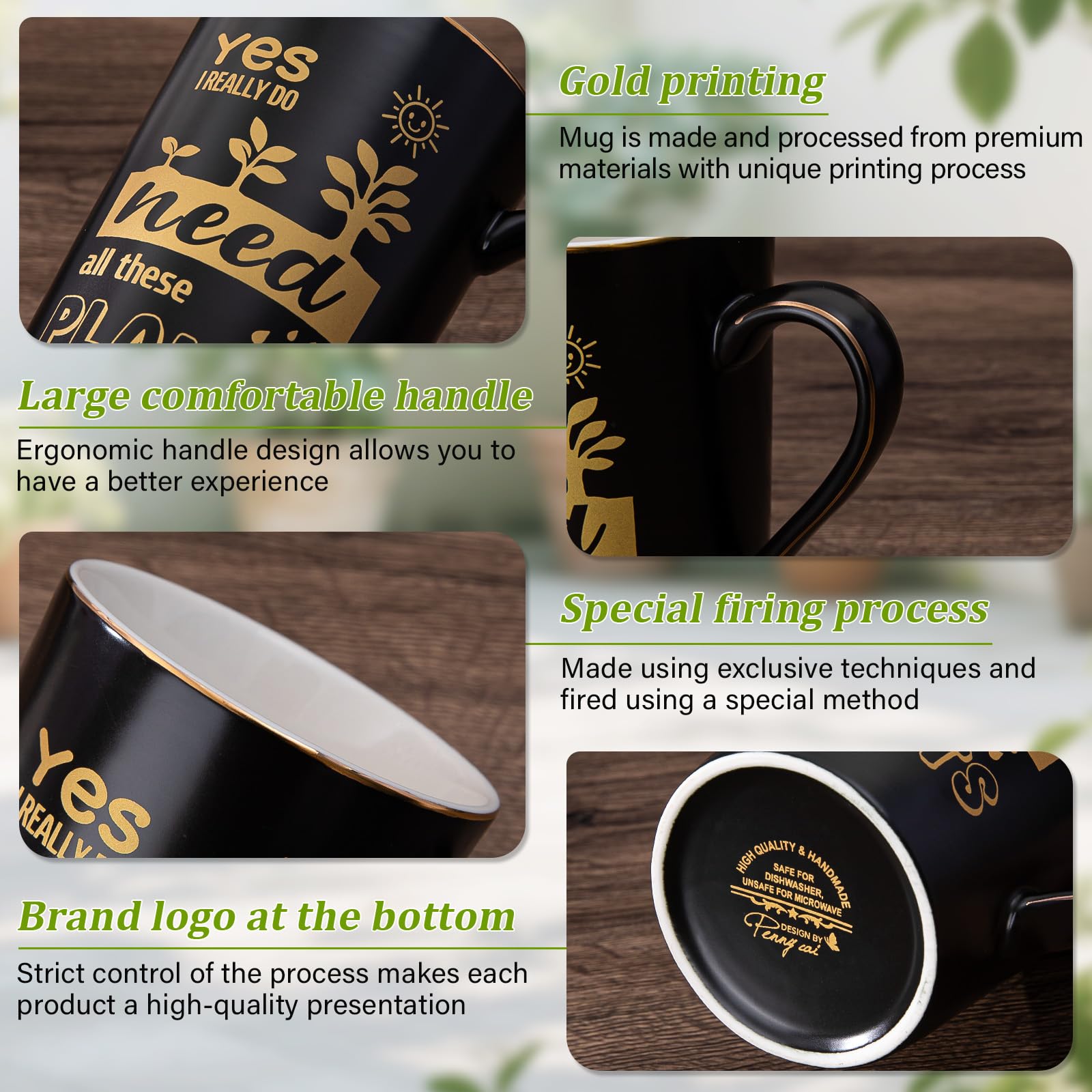 Gardening Gifts for Women Men - Cool Plant Lover Gift Coffee Mug, Garden Gifts for Gardeners, Plant Lady, Mom, Dad, Son, 14oz Black Ceramic Mug with Gold Print, Lid, Spoon Card, Luxury Gift Boxed