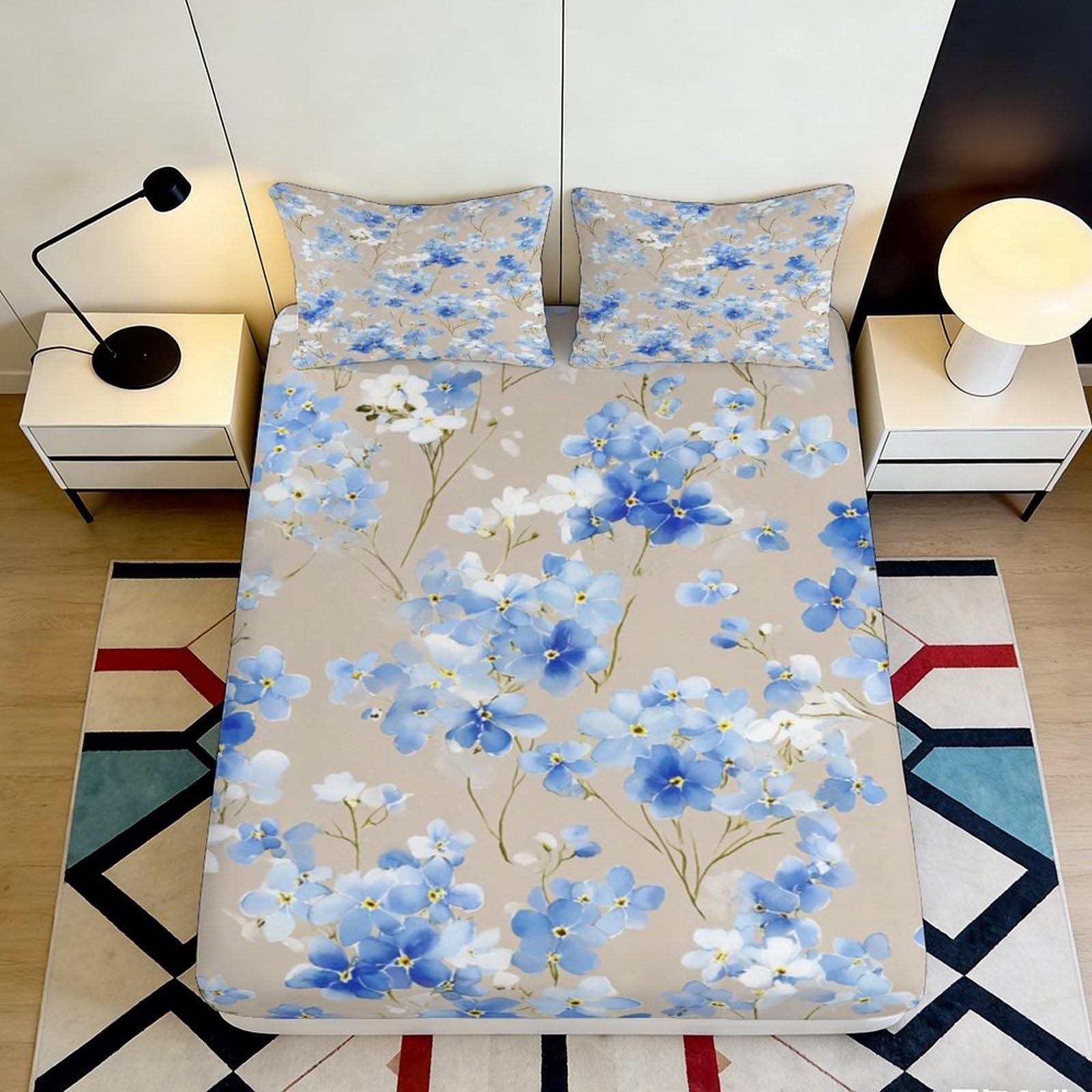 Jqzkxnhpbr Style-6 3D Printed Blue Floral Fitted Sheet Microfiber Soft Non-Slip Mattress Cover For Bedroom Guestroom Easy Care Decor 90X200x25cm