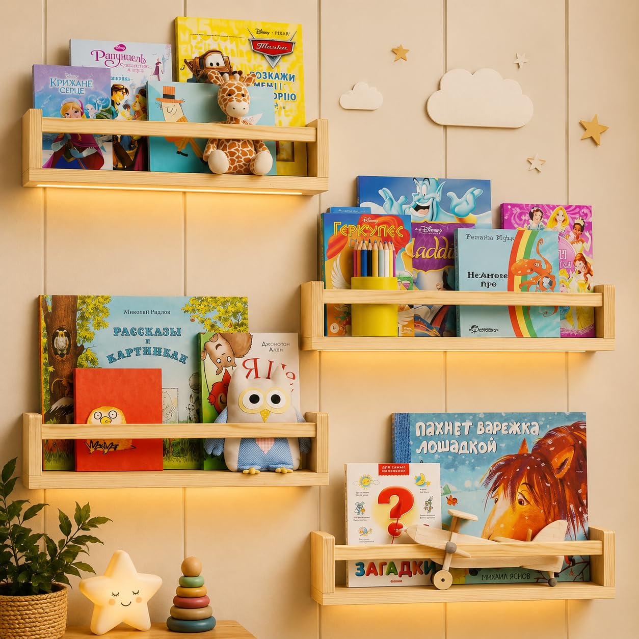 nursery floating shelves for wall, 40 cm solid pine wood kids book shelves, wall mounted storage rack for books, toys, photos & décor, wooden display shelf for bedroom & living room (40 cm - 4 pcs)