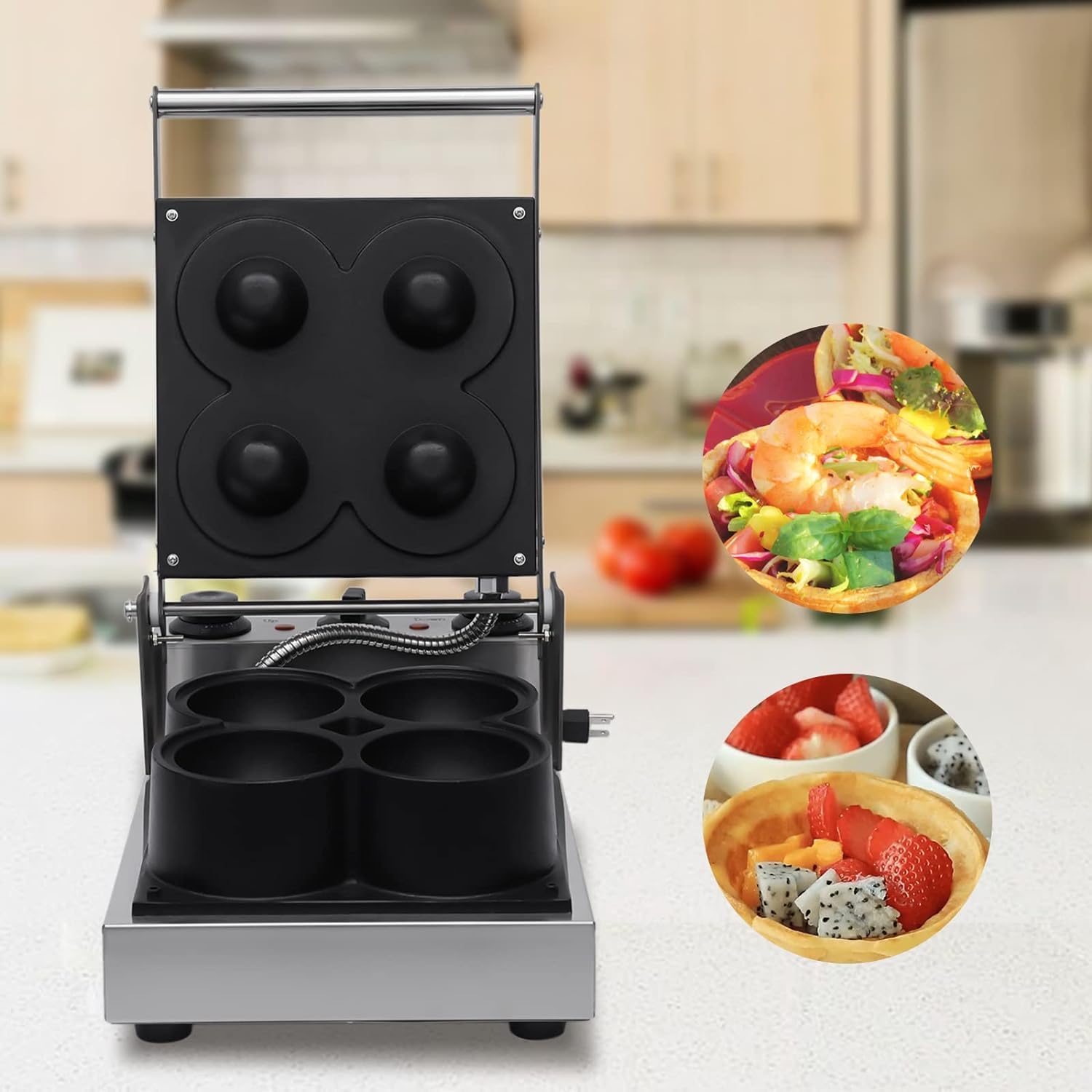 1800W Commercial Waffle Bowl Maker Machine 4 Pcs Nonstick Pizza Bowl Machine Bowl Shape Ice Cream Shell Waffle Iron Baker 110V Household