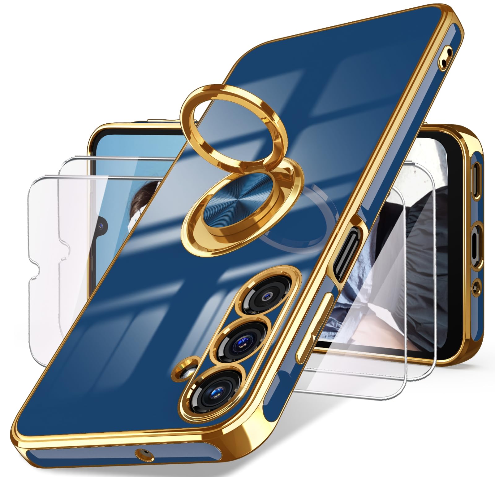 Dretal for Samsung Galaxy A16 5G Case, Screen Protector, 360° Rotatable Ring Holder Magnetic Kickstand,Plated Gold Edge Slim Soft TPU Protective Phone