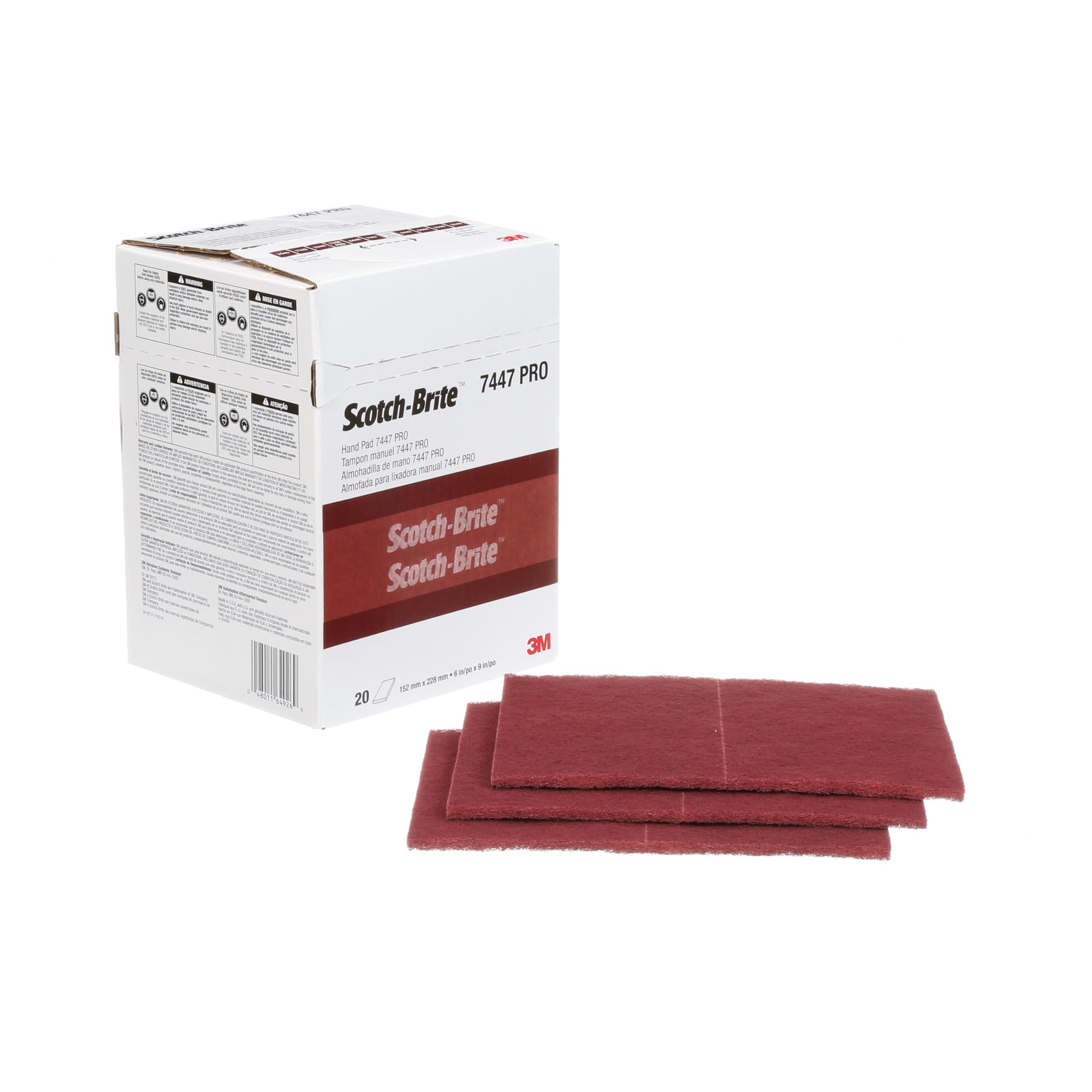 Coupe abrasive non tissée 3M Scotch-Brite 7447 Pro, 152 x 228 mm, à grain très fin, 20 coupes en boite