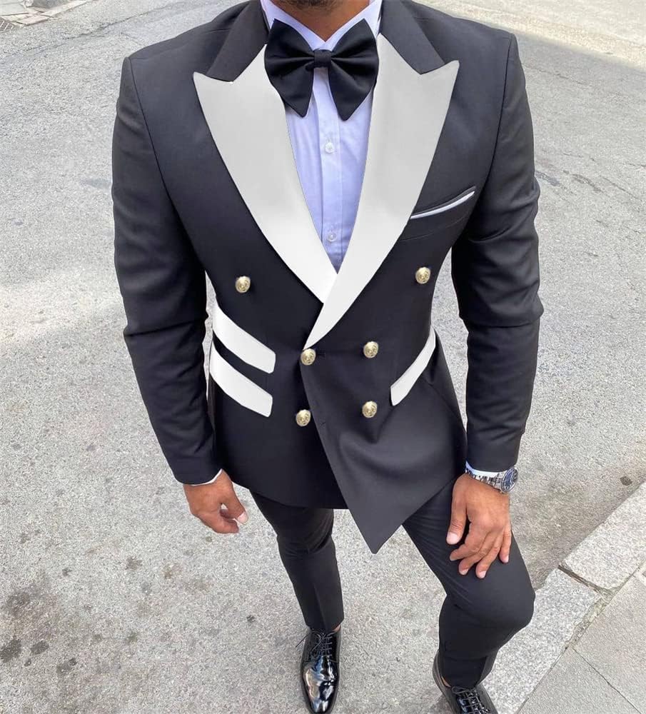 Slim Fit Men Suits for Groom, White Lapel Solid Color Blazer, 2 Pcs Wedding Suits for Men