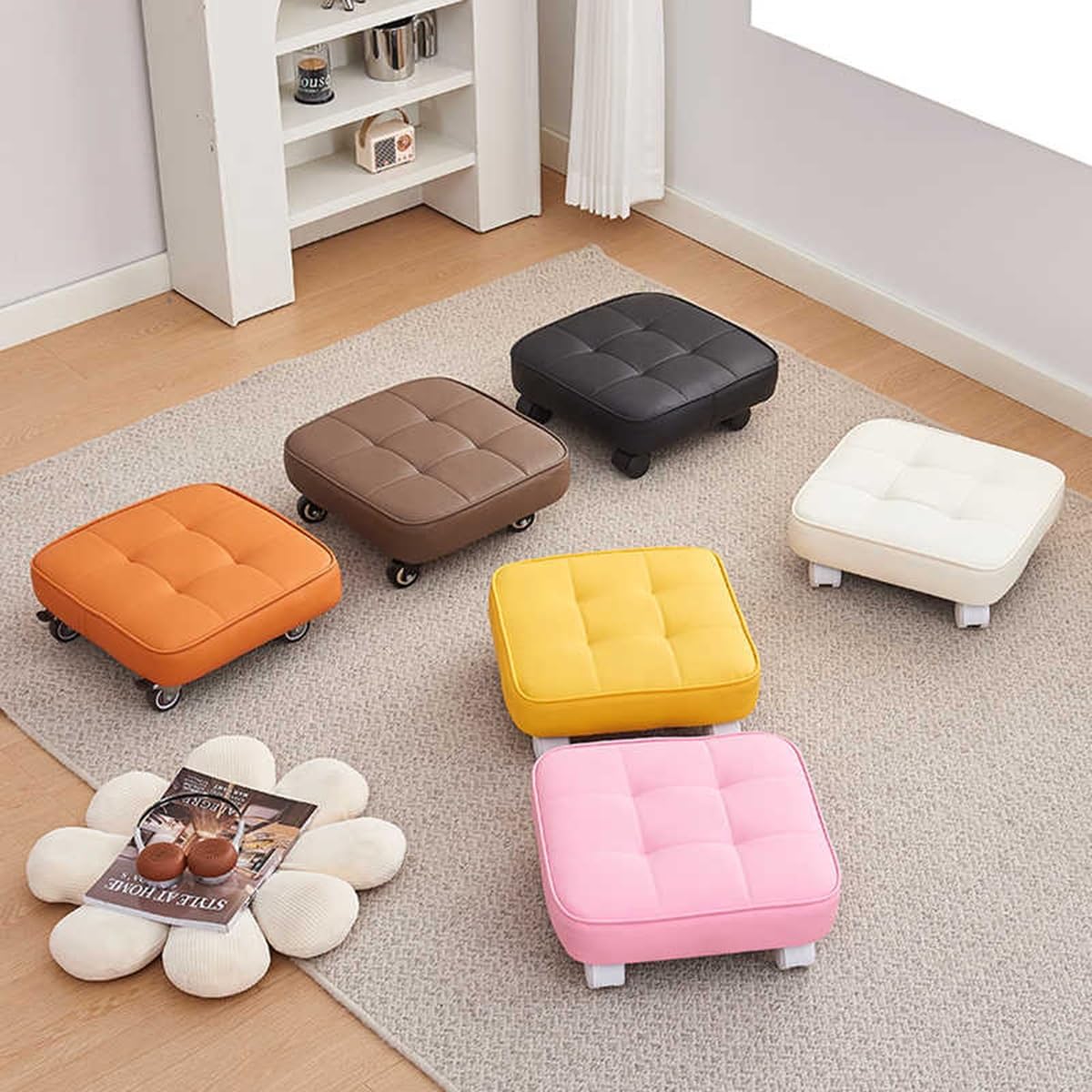 Sgabello quadrato con ruote, sedile imbottito girevole a 360 gradi, poggiapiedi girevole in pelle per ingresso domestico e yoga