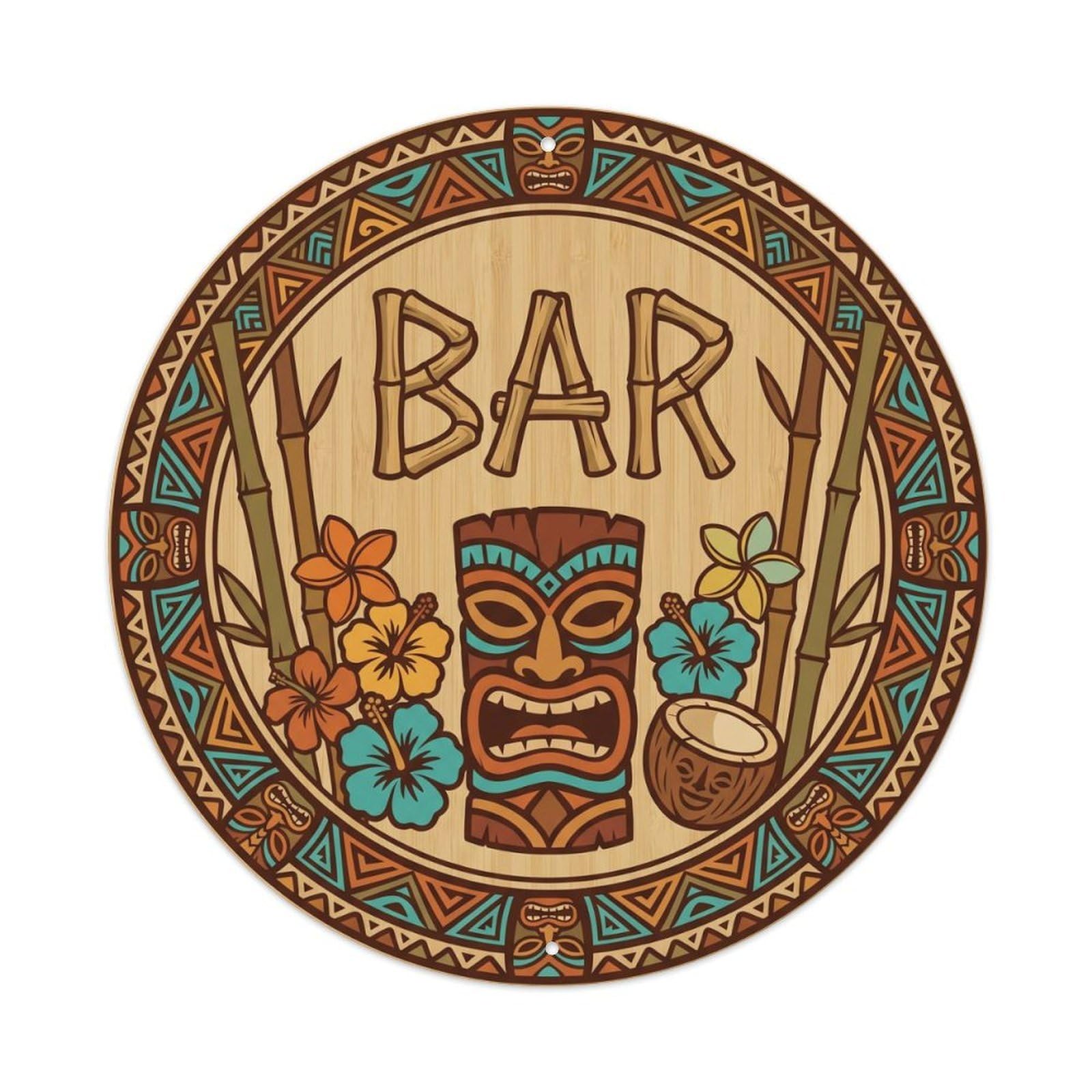 BAR Tiki Paradise Ornament Metal Tin Sign Plaque Wall Decor for Cafe, Club Bar, Office, Home Garden Round Metal Poster 8x8Inch