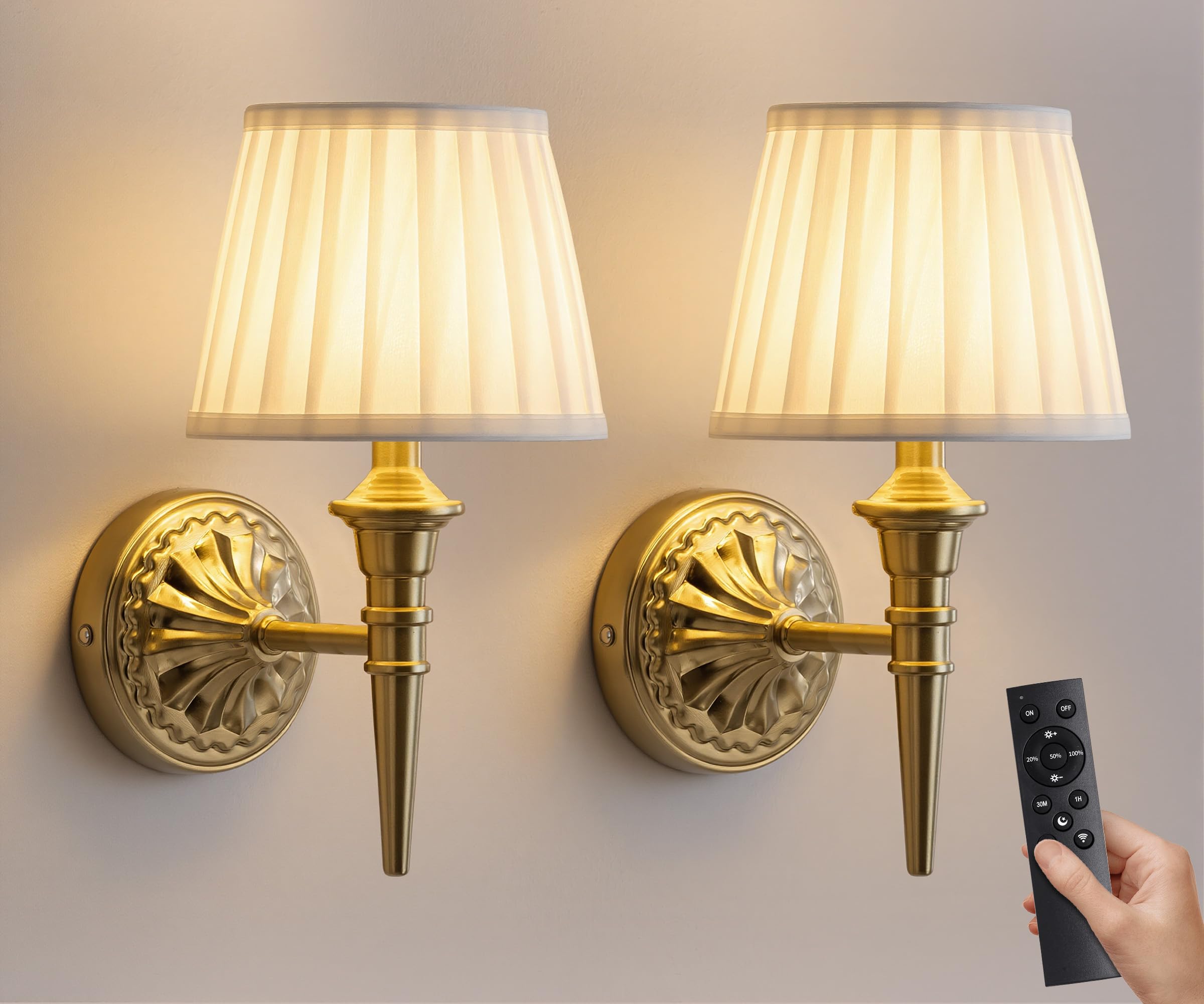 NEWSEE Battery Wall Lights Set of 2, Cordless LED Wall Sconces with Fabric Shade, Wireless and Rechargeable Lamp for Wall Painting, Living Room, Bedroom, Hallway, Kitchen, Gifts (Gold)