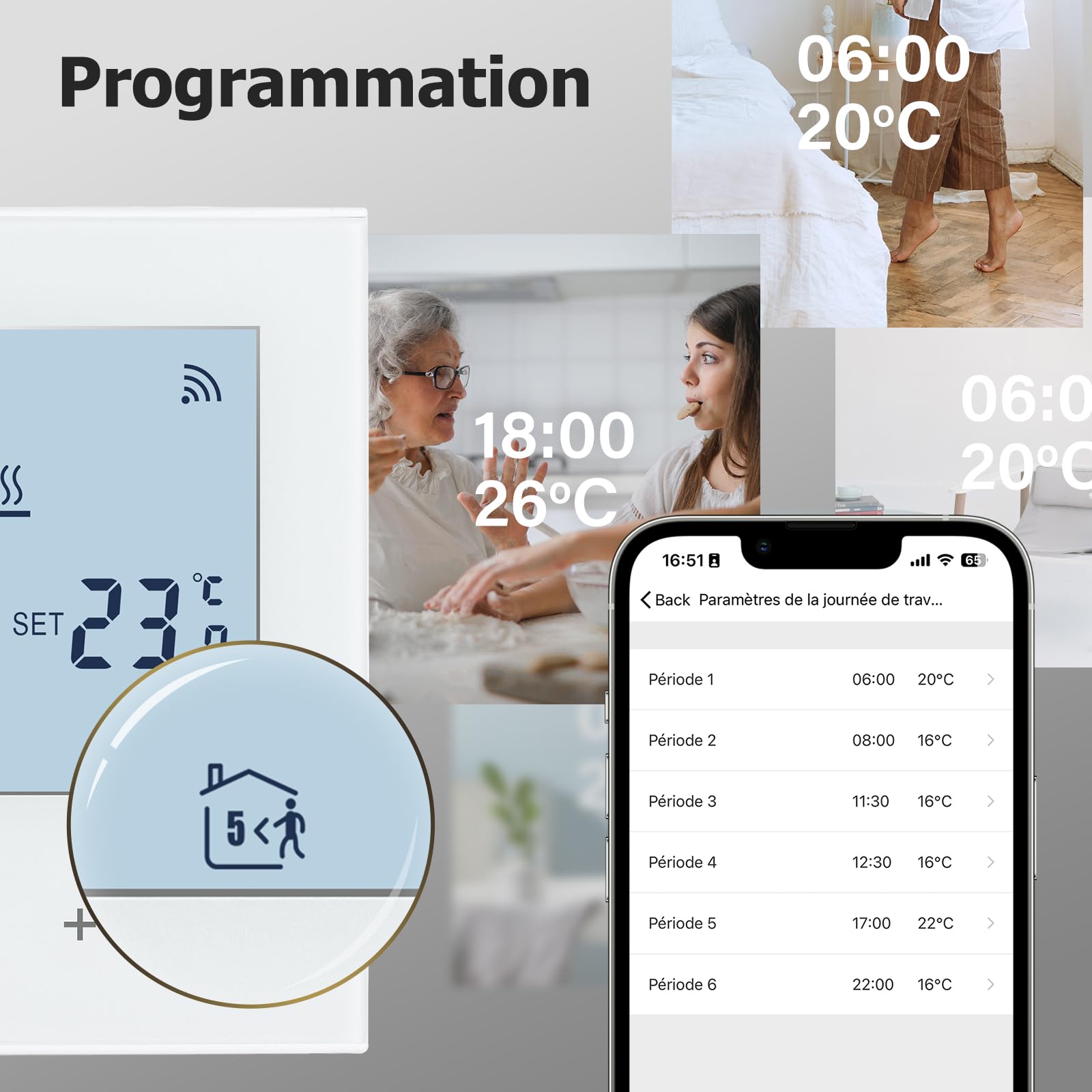Beok Thermostat Connecté WiFi pour Chauffage au Sol Électrique,Thermostat d'Ambiance Intelligent Thermostats Programmable avec Capteur Externe Compatible Alexa Google Home 16A,Blanc