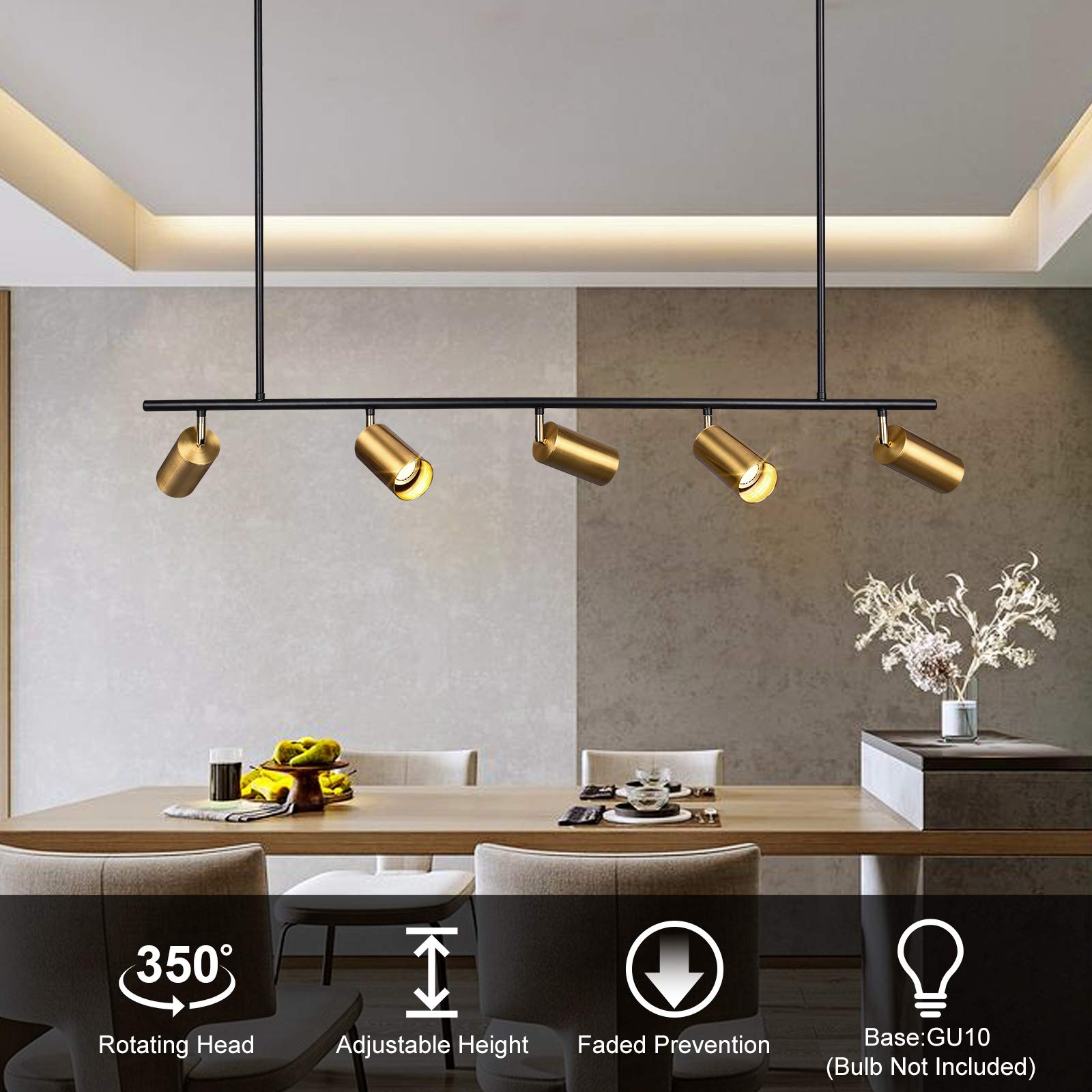 HUOKU 5 Light Pendant Ceiling Fixture, Modern Chandelier, Gold Track Light with Adjustable Height, Island Lights for Kitchen Dining Room Living Room or Bar(43.3 Inch)