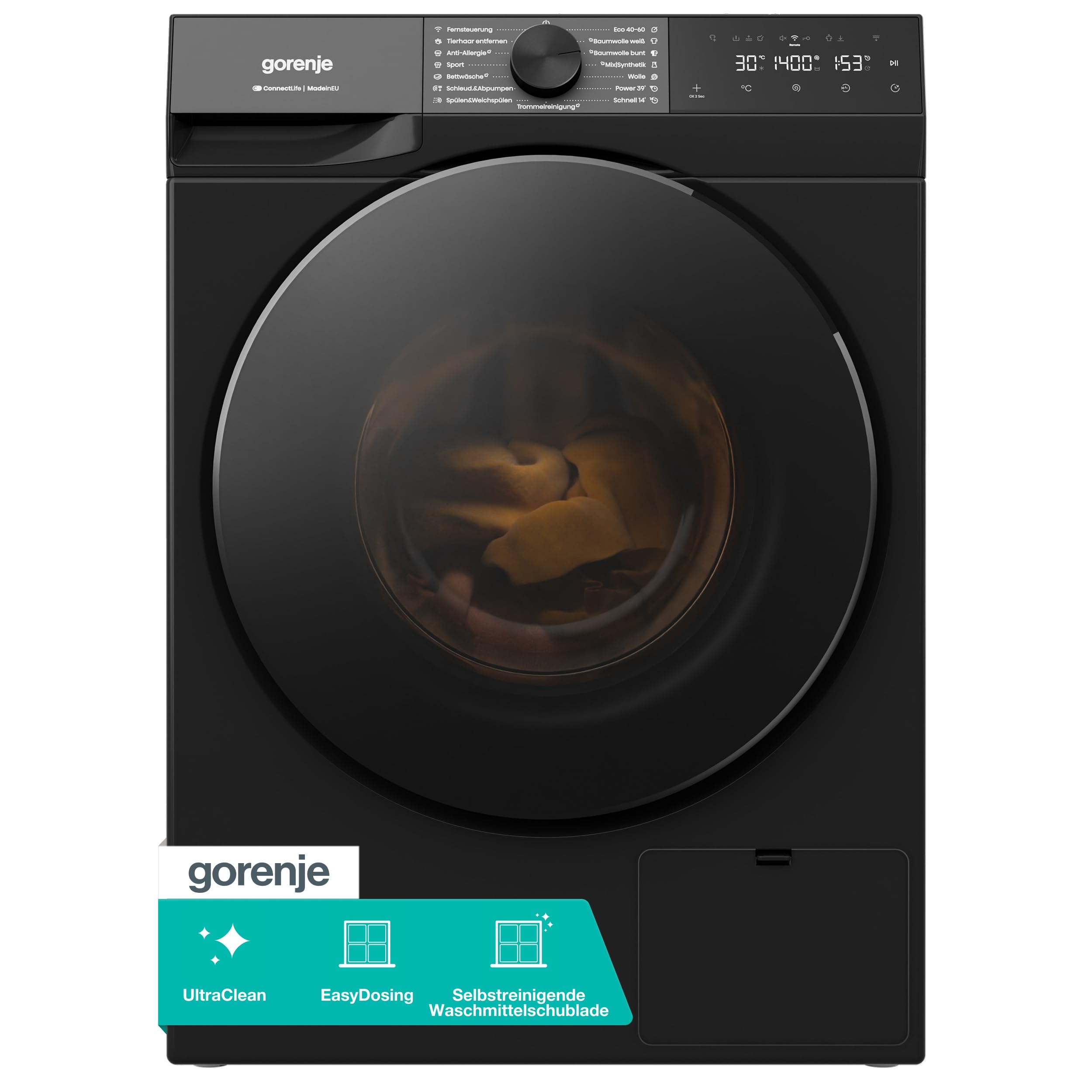 Gorenje W53G494A1P1B Waschmaschine mit Dampffunktion /9 KG /1400 U-Min/ConnectLife /15 Programme/UltraClean/AquaStop/SteamTech /10% besser als Energieeffizienzklasse A/Schwarz