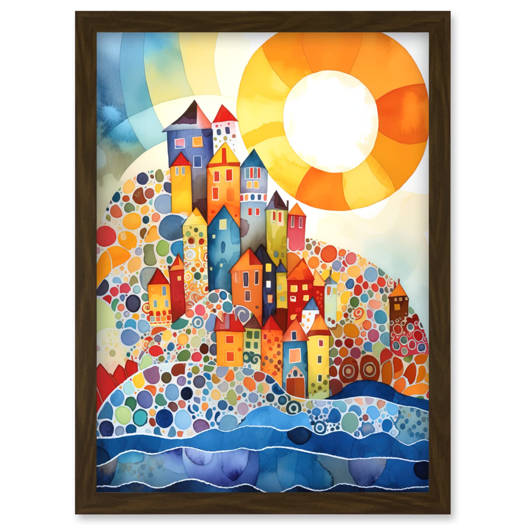 Artery8 Abstract Seascape Sunrise Village Folk Art Artwork Framed Wall Art Print A4