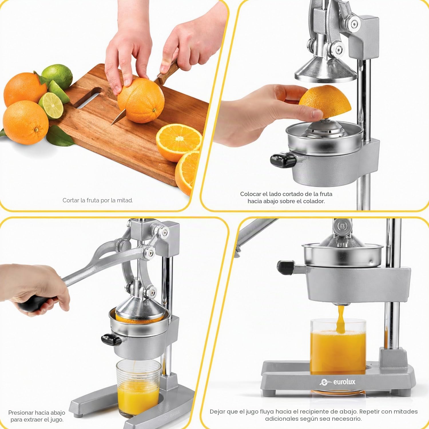 Eurolux Exprimidor de hierro fundido ultra premium, extra grande, resistente, grado comercial, prensa manual de acero inoxidable, exprimidor de cítricos para jugo de naranja fresco, granada, limón y