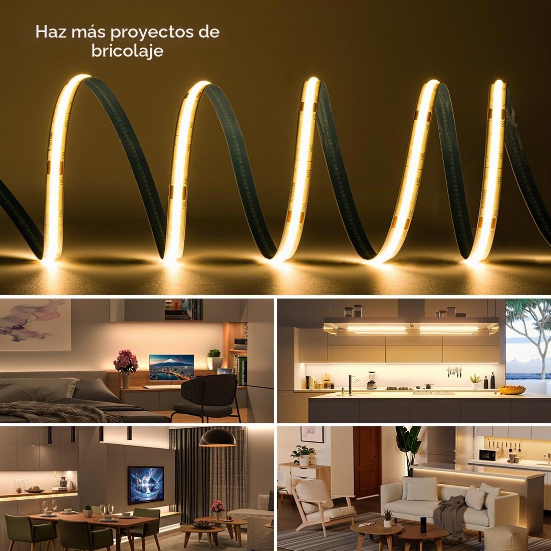 FCOB COB Tira LED Flexible Blanco Cálido 3000K 480LEDs/m 10M 24V 8mm CRI90+ | Regulable de Alta Densidad Brillo Uniforme Luz LED para Decoración DIY(Controlador Alimentador no incluidos)
