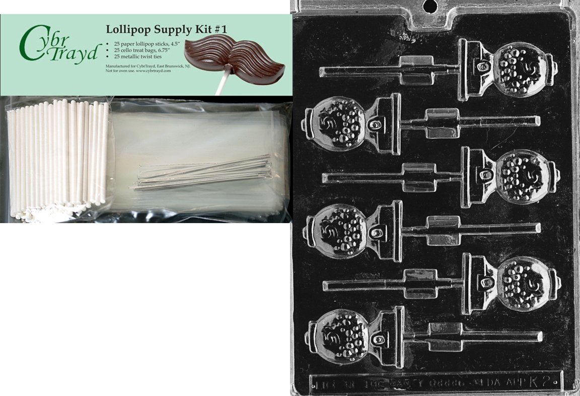 Cybrtrayd 45StK25S-K002 Bubblegum Lolly Kids Chocolate Candy Mold with Lollipop Supply Bundle, Includes 25 Lollipop Sticks, 25 Cello Bags, 25 Silver Twist Ties, Instructions