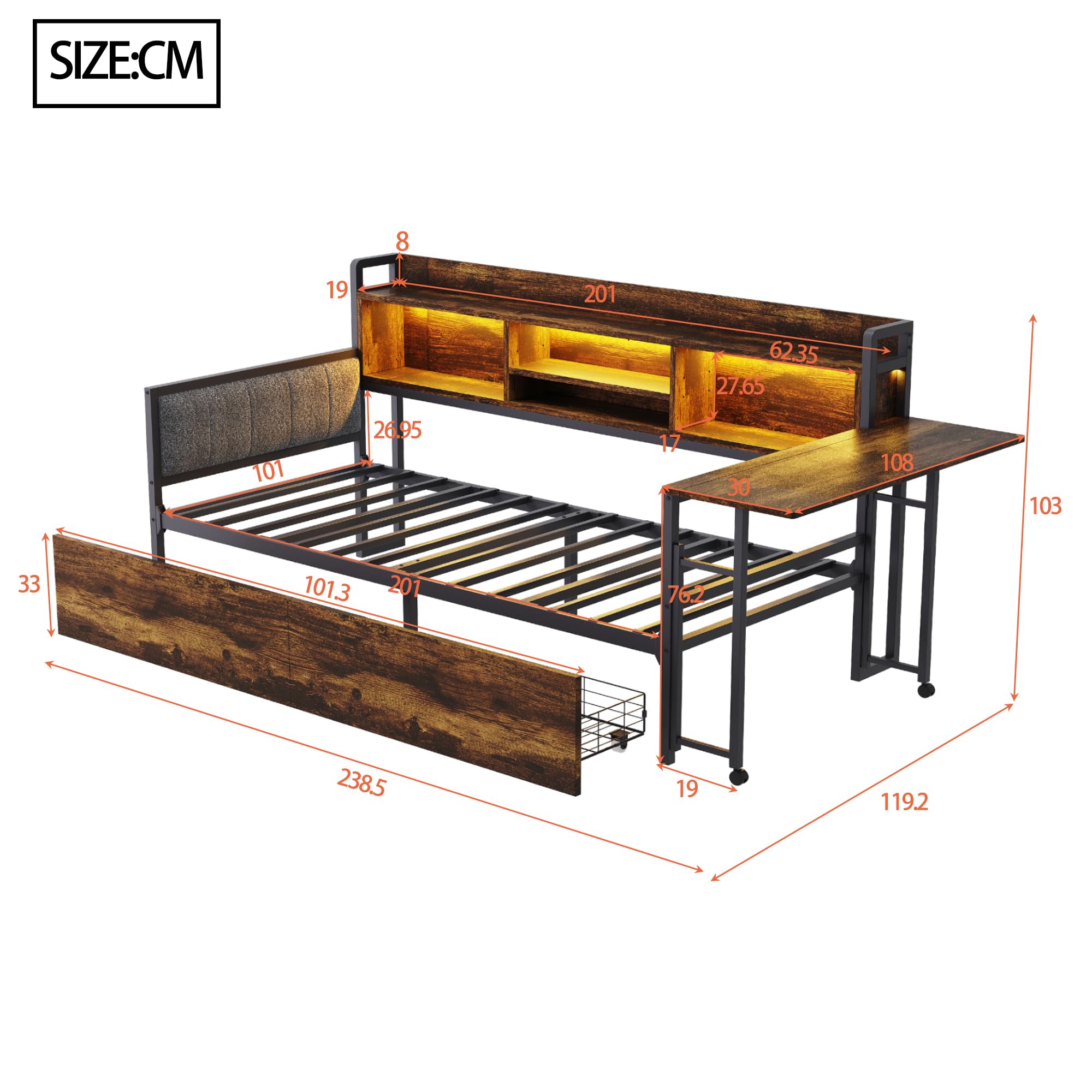 Divano Letto In Ferro 90x200 Con LED, Cassetti E Scrivania Pieghevole – Il Tuttofare Per Camere Piccole!