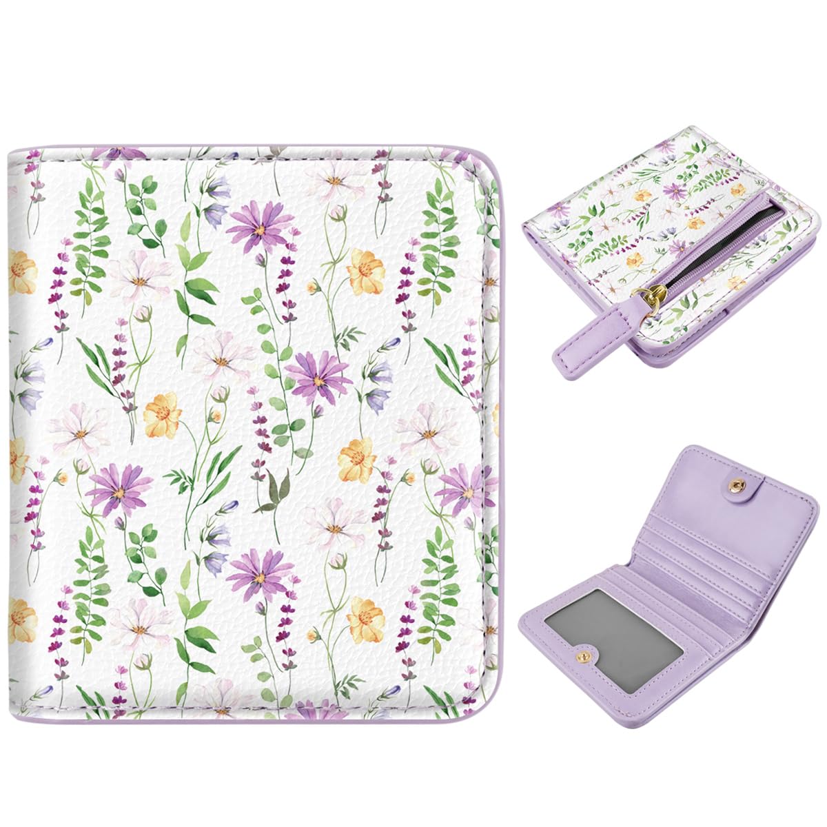 SimikolWomens Small RFID Blocking Wallet Compact Bifold Pocket Cute Credit Card Holder Leather Coin Slot Ladies Mini Purse with ID Window, White Daisy