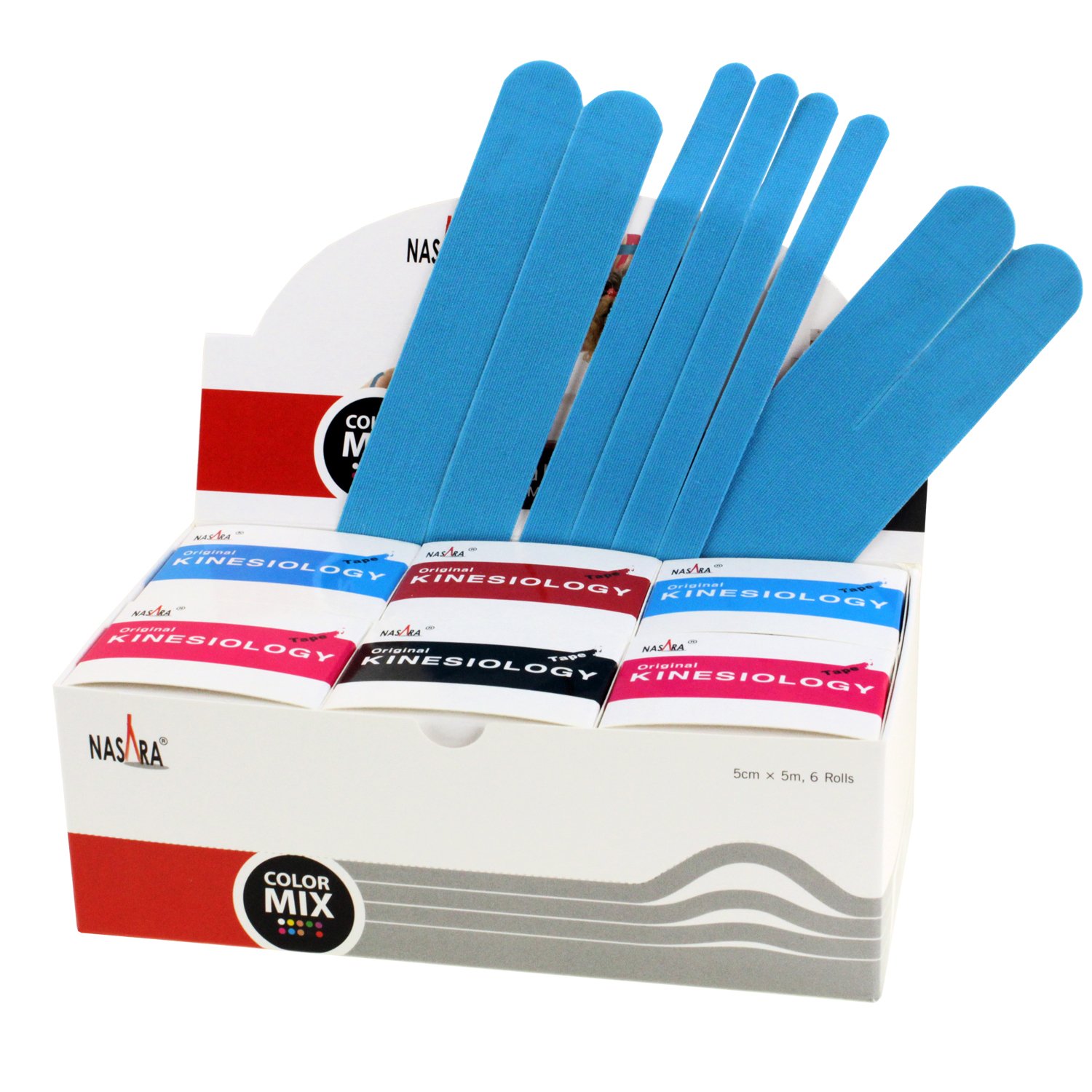 Nasara Original Kinesiologie Physio Sport Tape: 6er Box mit 6 Tapes für Sport und Medizin, Rollengröße 5cm x 5m, Mix mit Rot inkl. Quick Strips | Physio- und Sporttape mit 6 Rollen, Farbmix aus Blau, Pink, Rot & Schwarz für Training, Therapie und Regenera
