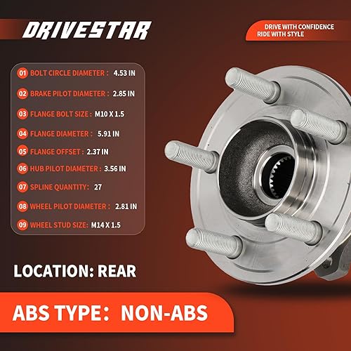 Miniatura 3 de 512301 DRIVESTAR Cubo de rueda trasera y conjunto de rodamiento para cargador 2006-09, 2005-12 300, 08 Dodge Challenger, 05 06 07 08 Magnum (5 -Lug)