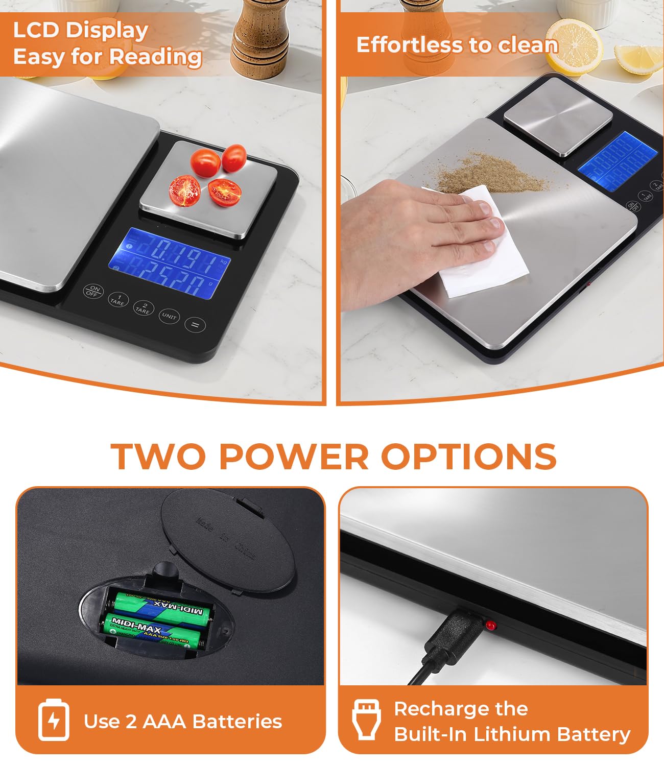 Balance de Cuisine Numérique à Double Plateforme, précision gramme, Rechargeable USB ou Piles, Inox, 7 Unités, Écran LCD – Idéale pour Pâtisserie, Café, Cuisine Maison