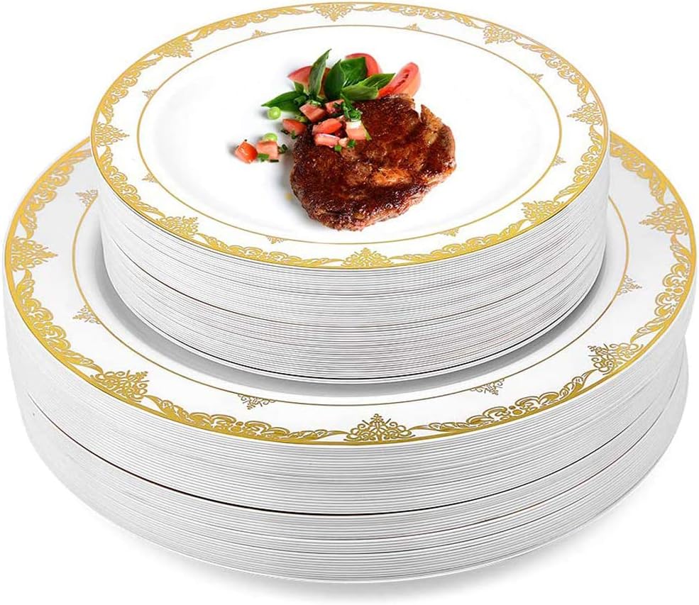 Plastic Plates, 100 Piece Gold Heavy Duty Plastic Dinner Plates 10.25in Disposable Plastic Dinnerware Plates and 7.5inch Dinner Dessert Plates Tableware Sets Disposable Plates for Wedding,Party