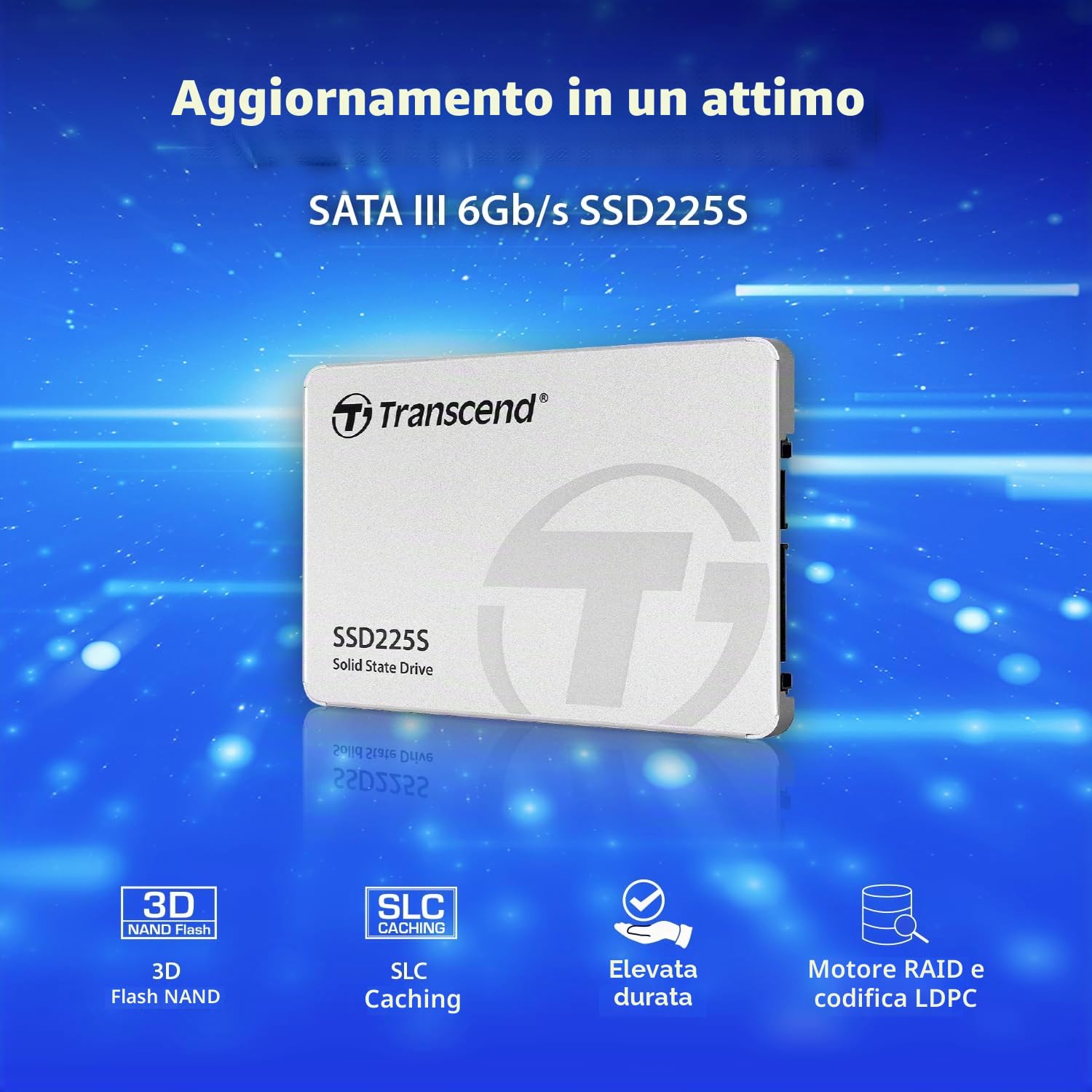Transcend SSD interno SSD225S SATA III 2,5" (6 Gb/s) da 500 GB - memoria 3D NAND, resistente agli urti - TS500GSSD225S